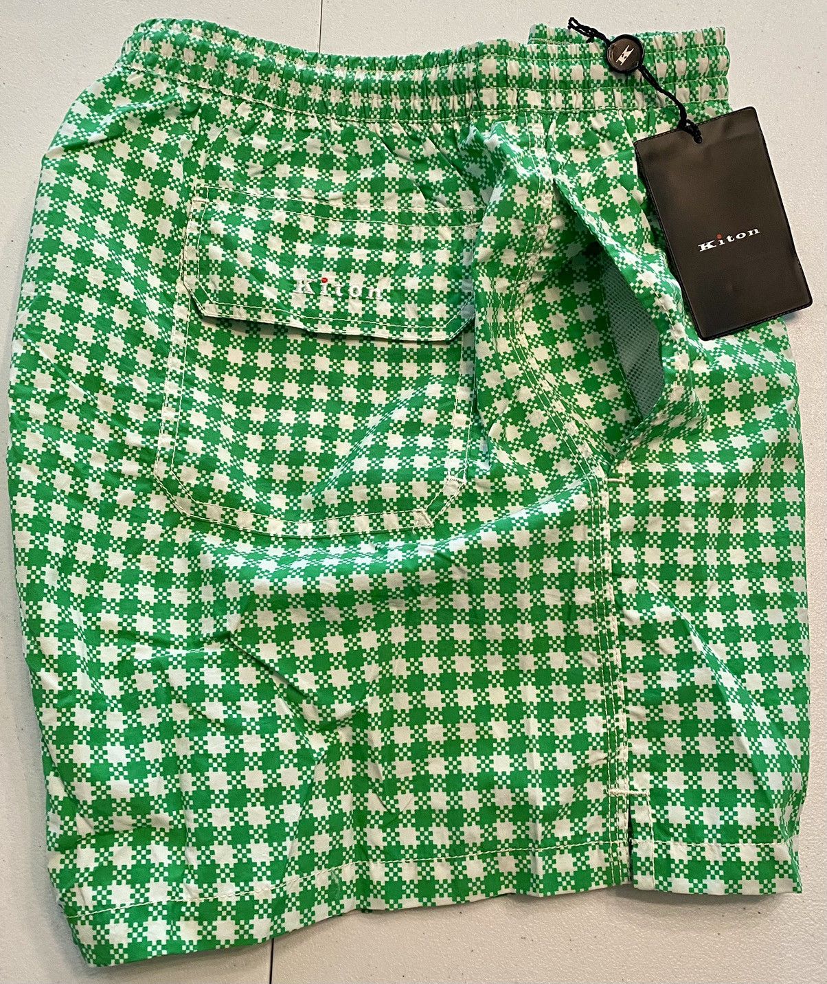 Kiton Kiton 🇮🇹 Green Gingham Check Logo Resort Swim Shorts Lg NWT Size US 36 / EU 52 - 9 Thumbnail