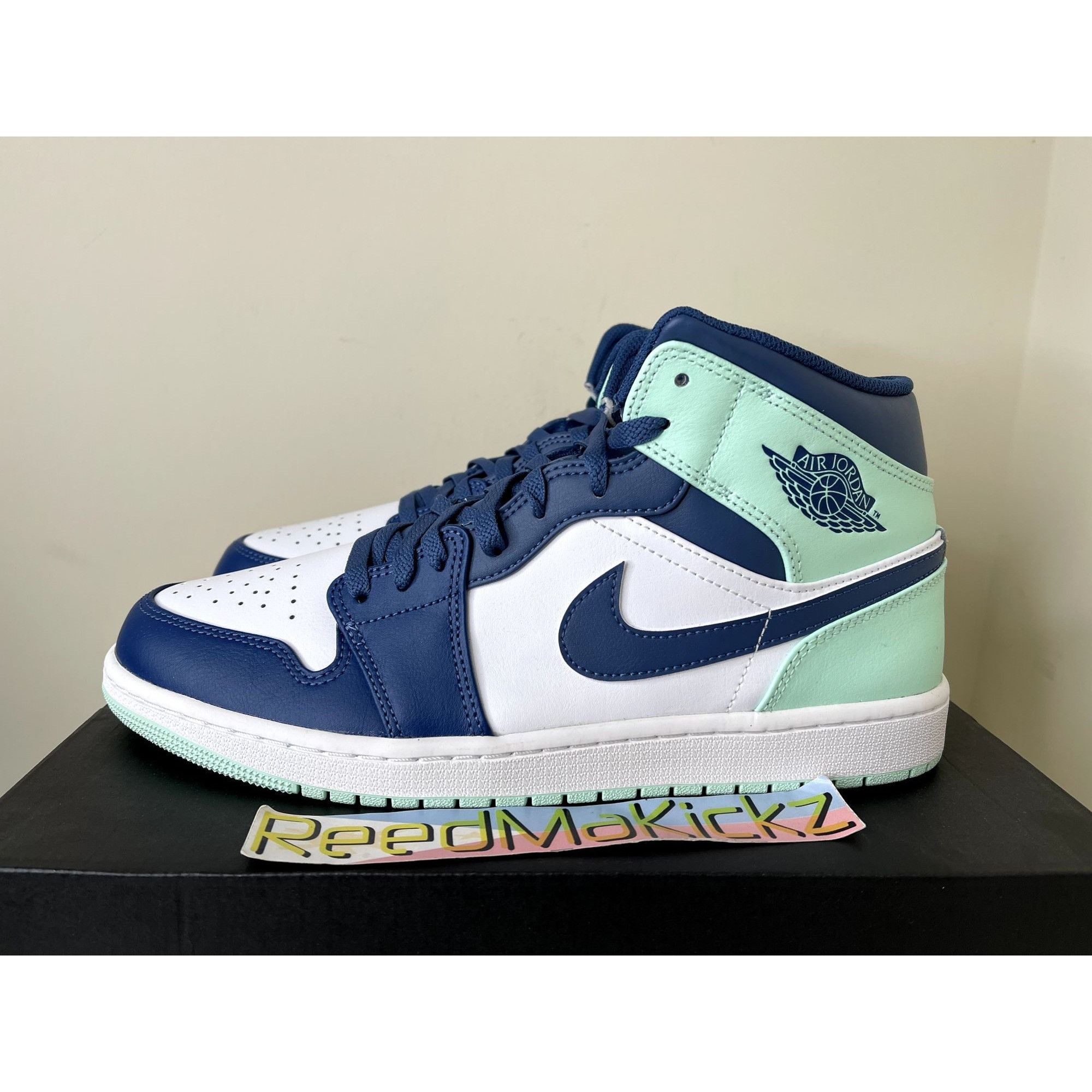 image of Jordan Brand 1 Mid Mint Foam Mystic Navy Mens 11Us Shoes in White