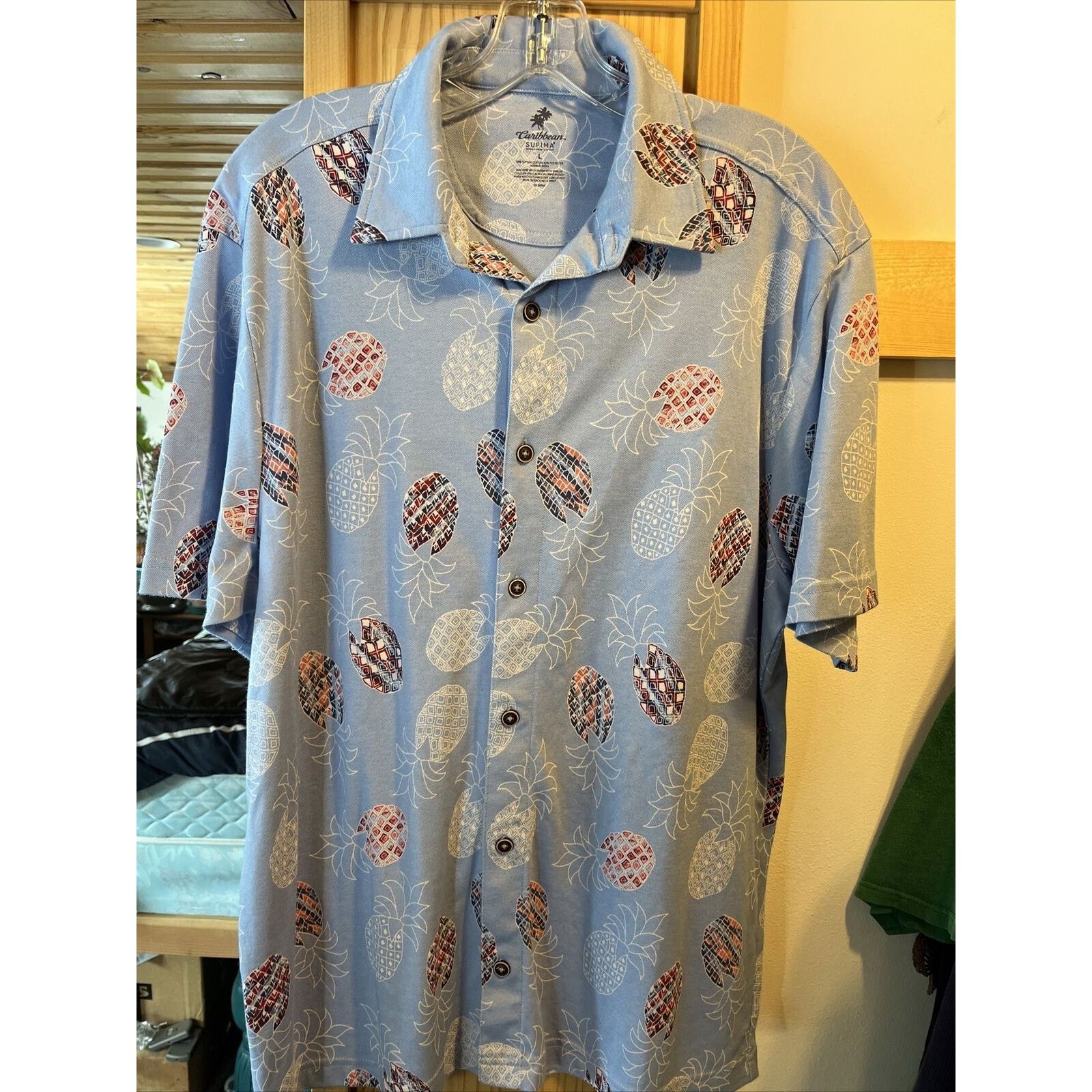Caribbean Caribbean Men's L Blue Pineapple Button Cotton Blend Shirt Size US L / EU 52-54 / 3 - 2 Thumbnail
