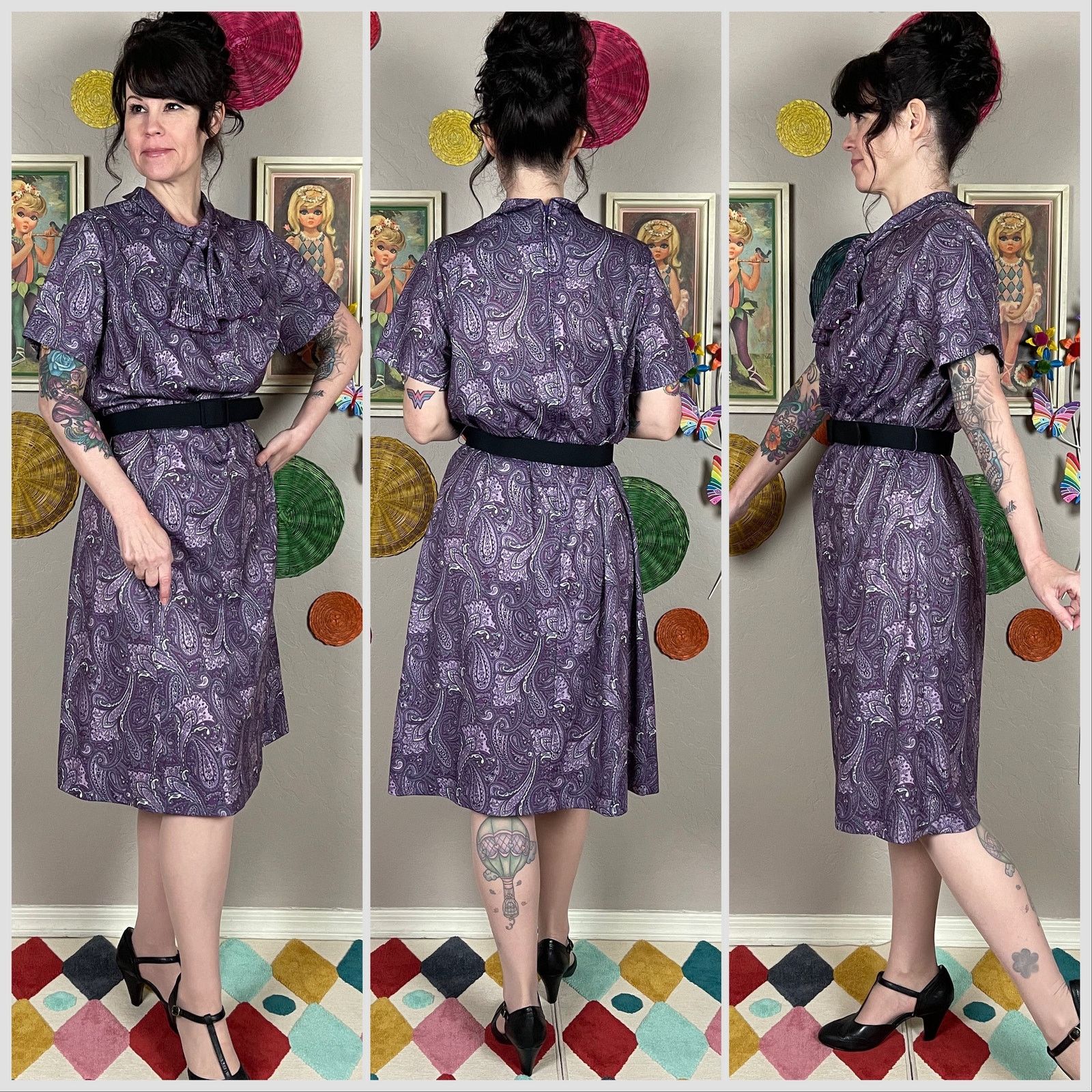 Vintage 1970s Purple Paisley Tie Neck Short Sleeve Shift Dress Size M / US 6-8 / IT 42-44 - 2 Thumbnail