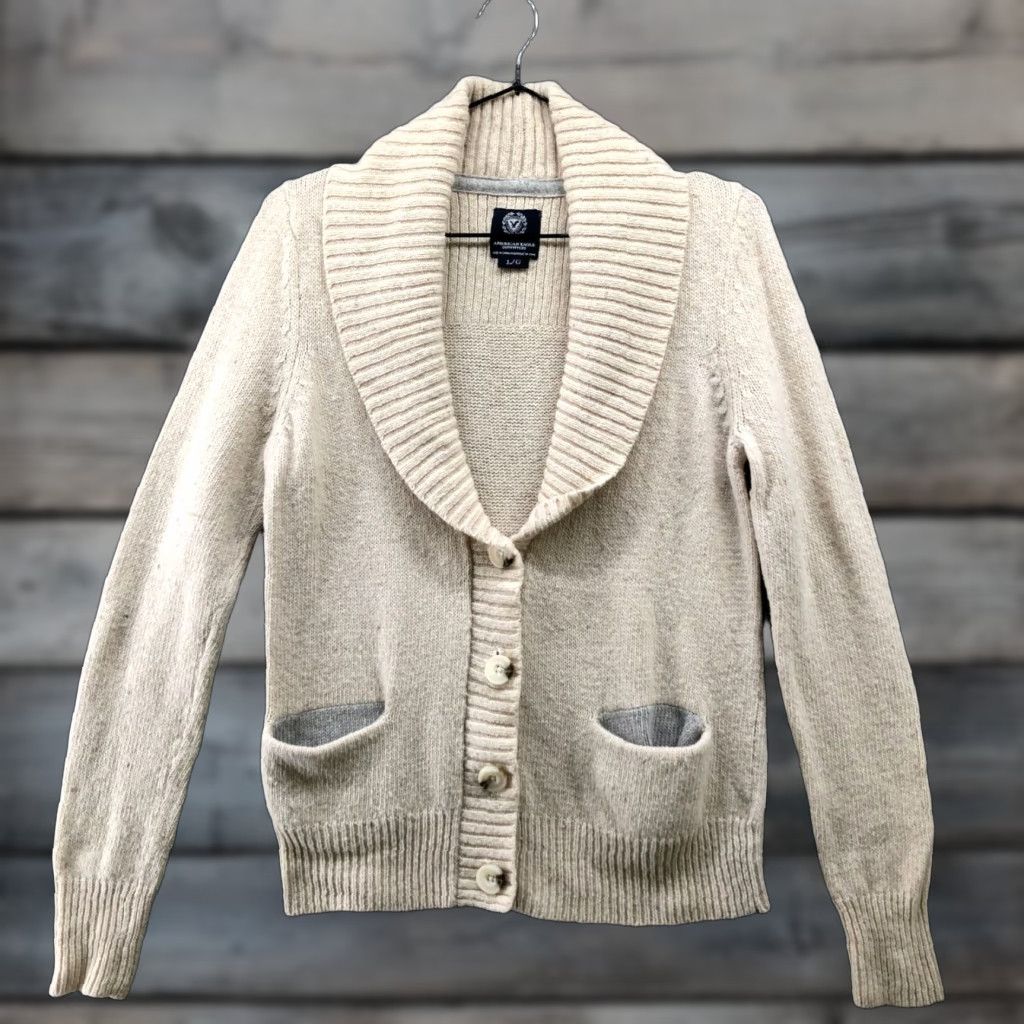 American Eagle Outfitters VINTAGE American Eagle Outfitters Wool Blend Cardigan Sweater Womens L Beige Shawl Collar Size L / US 10 / IT 46 - 1 Thumbnail