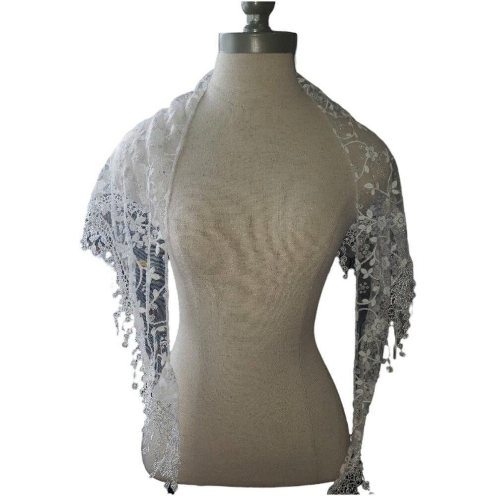 Designer CT1587 White Sheer Embroidered Handmade Shawl Size ONE SIZE - 1 Thumbnail