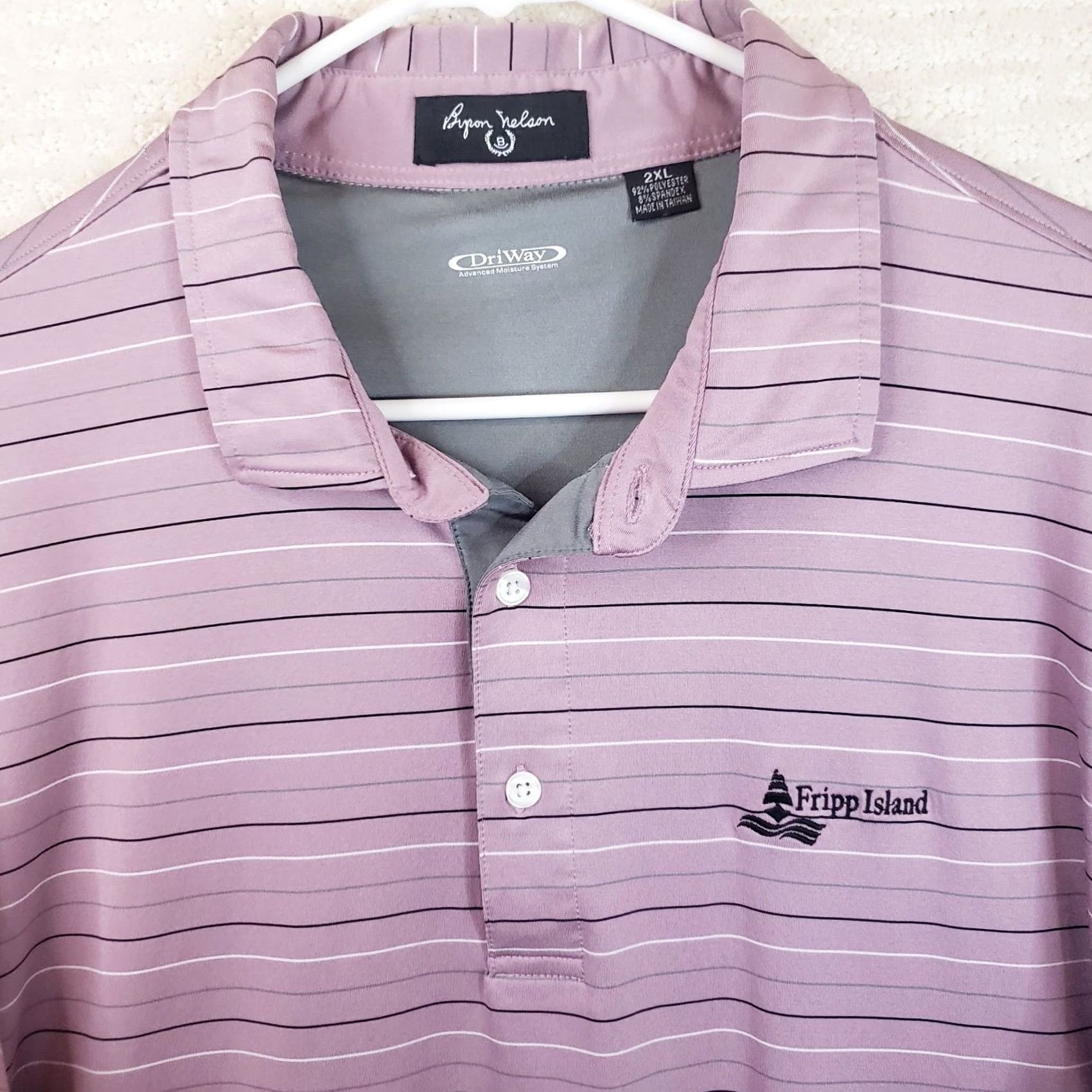 Vintage Byron Nelson Dri Way Men's Polo 2XL Lavender Striped Fripp Island Logo Golf Shirt Size US XXL / EU 58 / 5 - 3 Thumbnail