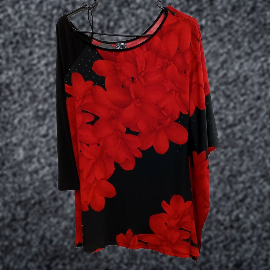 Vintage Clara Sun Woo Tunic Top Small Black Red Floral Sequine Artsy Asymmetrical Womens Size S / US 4 / IT 40 - 1 Thumbnail