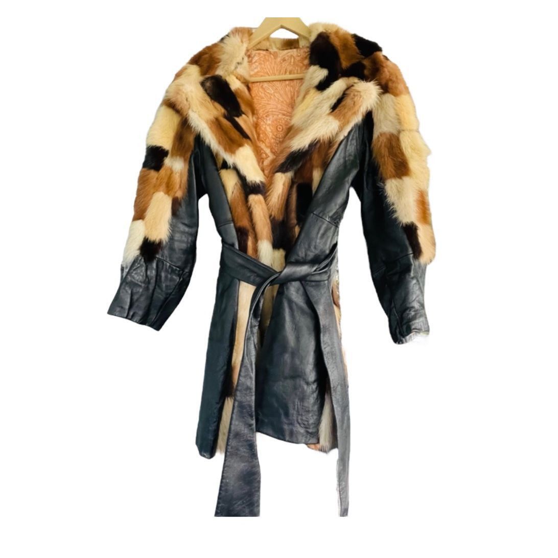 Vintage FUR COAT Genuine Y2K Vintage Rabbit Fur Leather Patchwork Long Belted Winter Coat Jacket Size XL / 14-16 Size L / US 10 / IT 46 - 7 Thumbnail