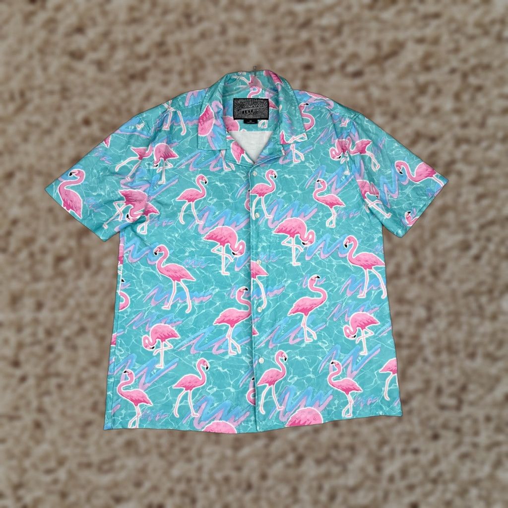 Vintage VINTAGE Brooklyn Cloth Shirt Men Medium Blue Pink Flamingo AOP Polyester Blend Hawaiian Size US M / EU 48-50 / 2 - 1 Thumbnail