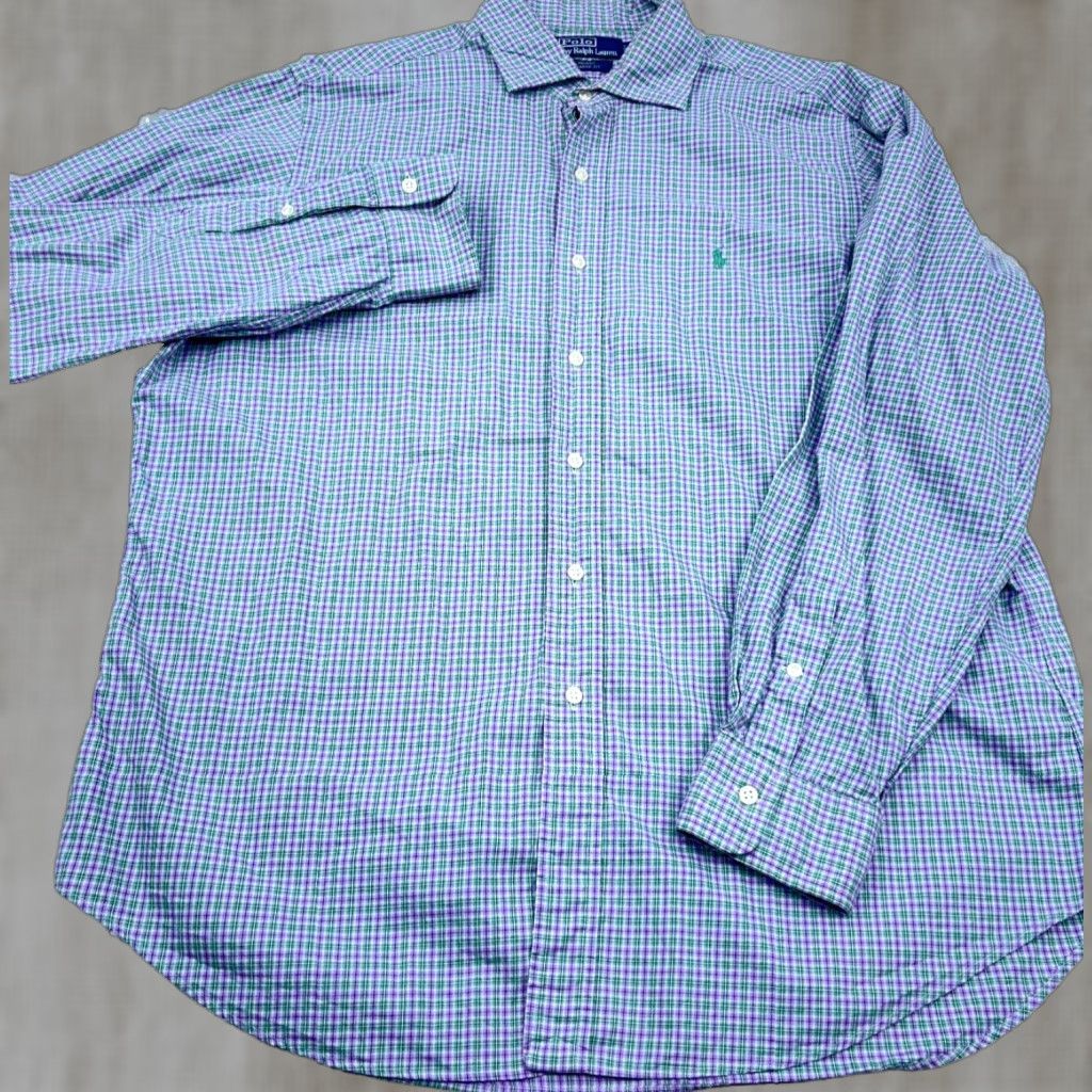 Polo Ralph Lauren VINTAGE Polo Ralph Lauren Shirt Men XL Purple Green Button Up Regent Tattersall Plaid P9 Size US XL / EU 56 / 4 - 1 Thumbnail