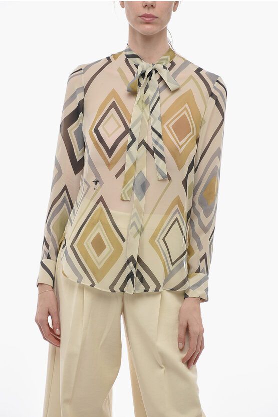 image of Dior Tie Neck Silk Shirt With Geometric Pattern, Women's (Size Small)