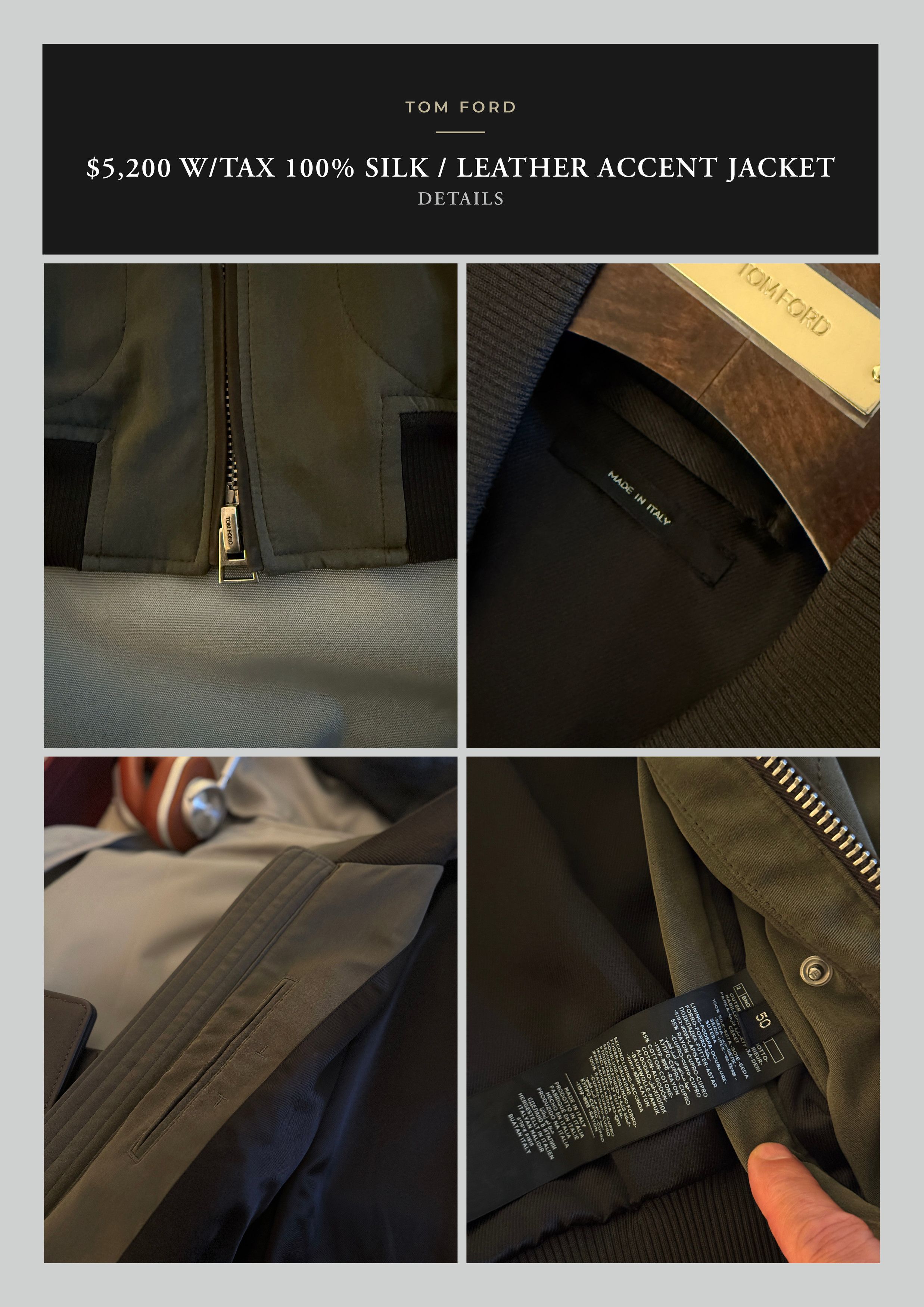 Tom Ford Effortless Cool, Rare $5,200 w/Tax 100% Silk Bomber Jacket Size US S / EU 44-46 / 1 - 19 Thumbnail