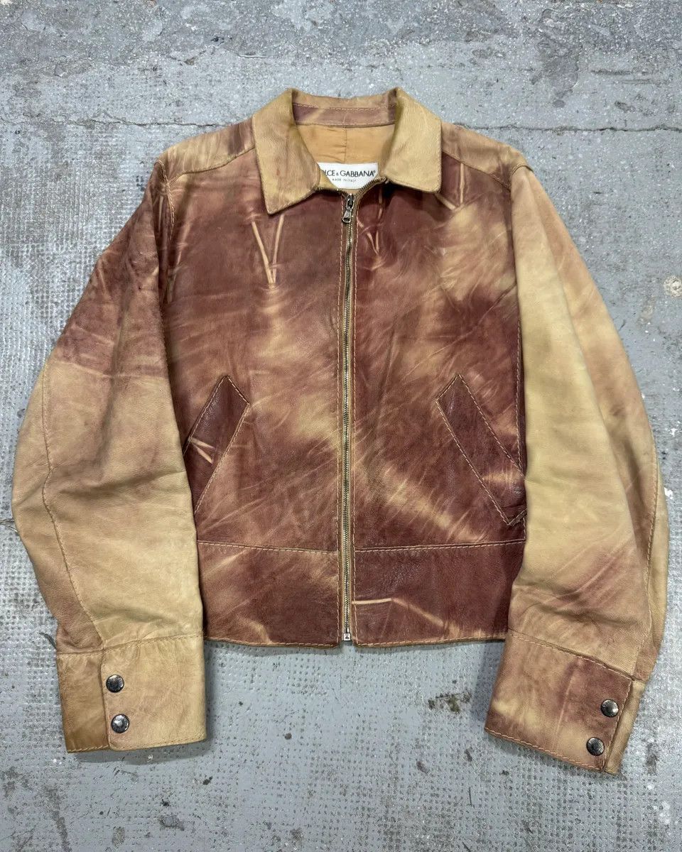 1990s Dolce & Gabbana Beige Burgundy Eroded Leather Jacket