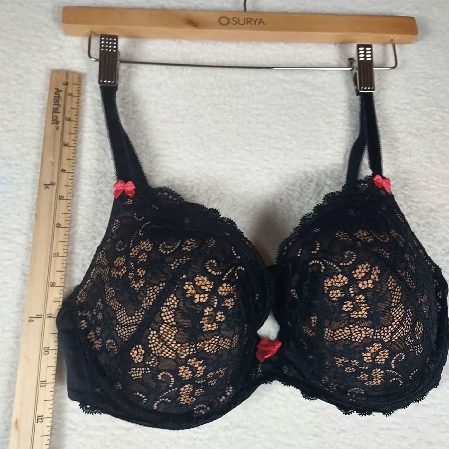 Vintage Adore Me Black Lace Underwire Bra 36DD with Red Bows – Padded Demi Style Balconette Bra Women Mens Size ONE SIZE - 6 Thumbnail