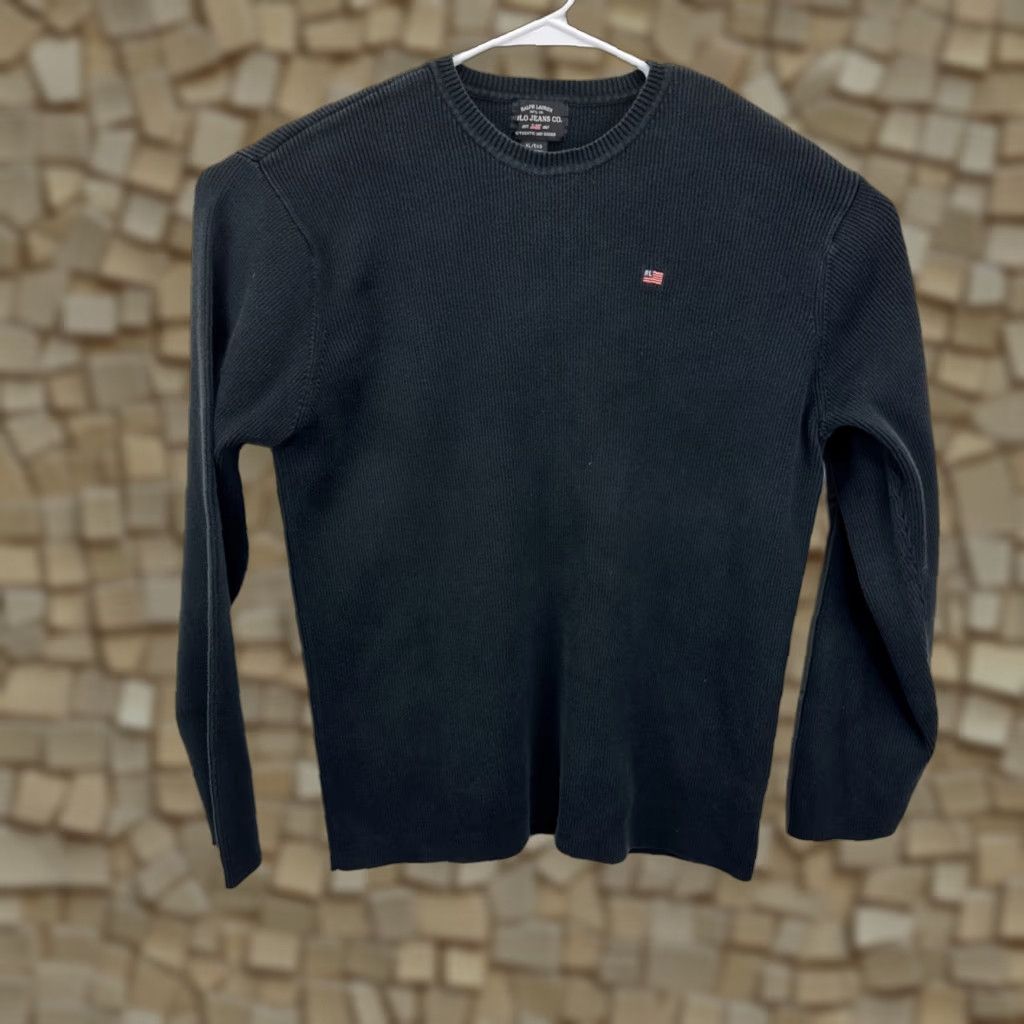 Ralph Lauren VINTAGE Ralph Lauren Polo Jeans Company Men's Ribbed Sweater USA Flag Black XL Crew Neck Pullover Knit Sweatshirt Embroidered Logo Size US XL / EU 56 / 4 - 1 Thumbnail