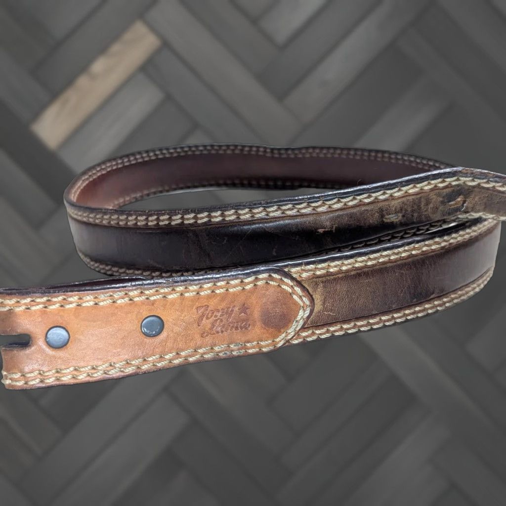 Tony Lama TONY LAMA Belt 34 Cowhide Leather Stitched Brown Western Belt Men Size 34 - 1 Thumbnail