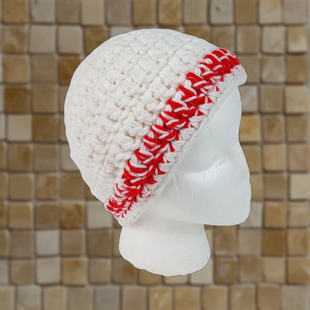 Vintage VINTAGE 80s Chunky Knit Red Striped One Size Beanie Toboggan Winter Hat Cap Size ONE SIZE - 1 Thumbnail