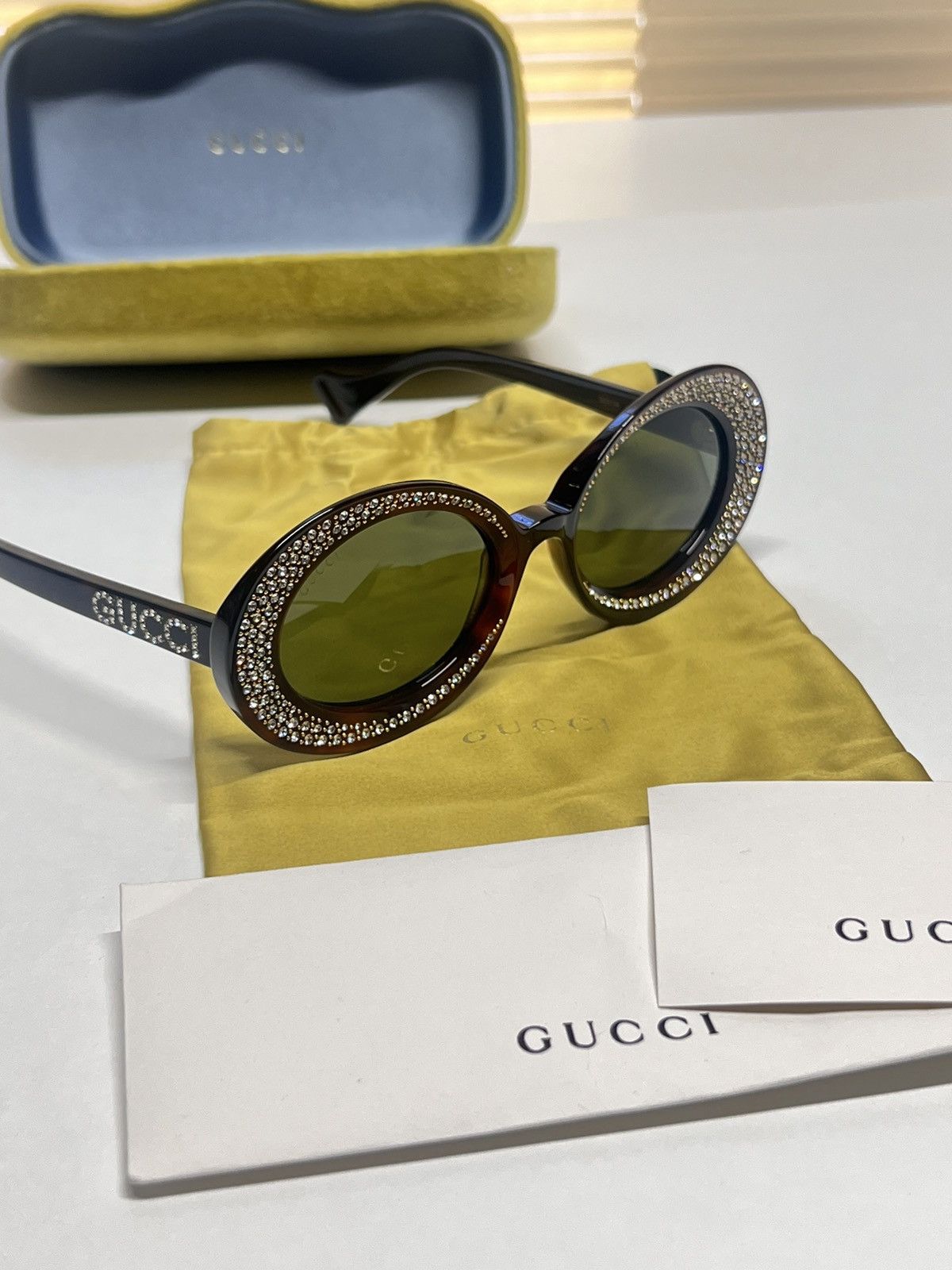 Designer × Gucci × Swarovski Gucci Tortoise Shell Swarovski Diamond Studded Sunglasses Size ONE SIZE - 3 Thumbnail