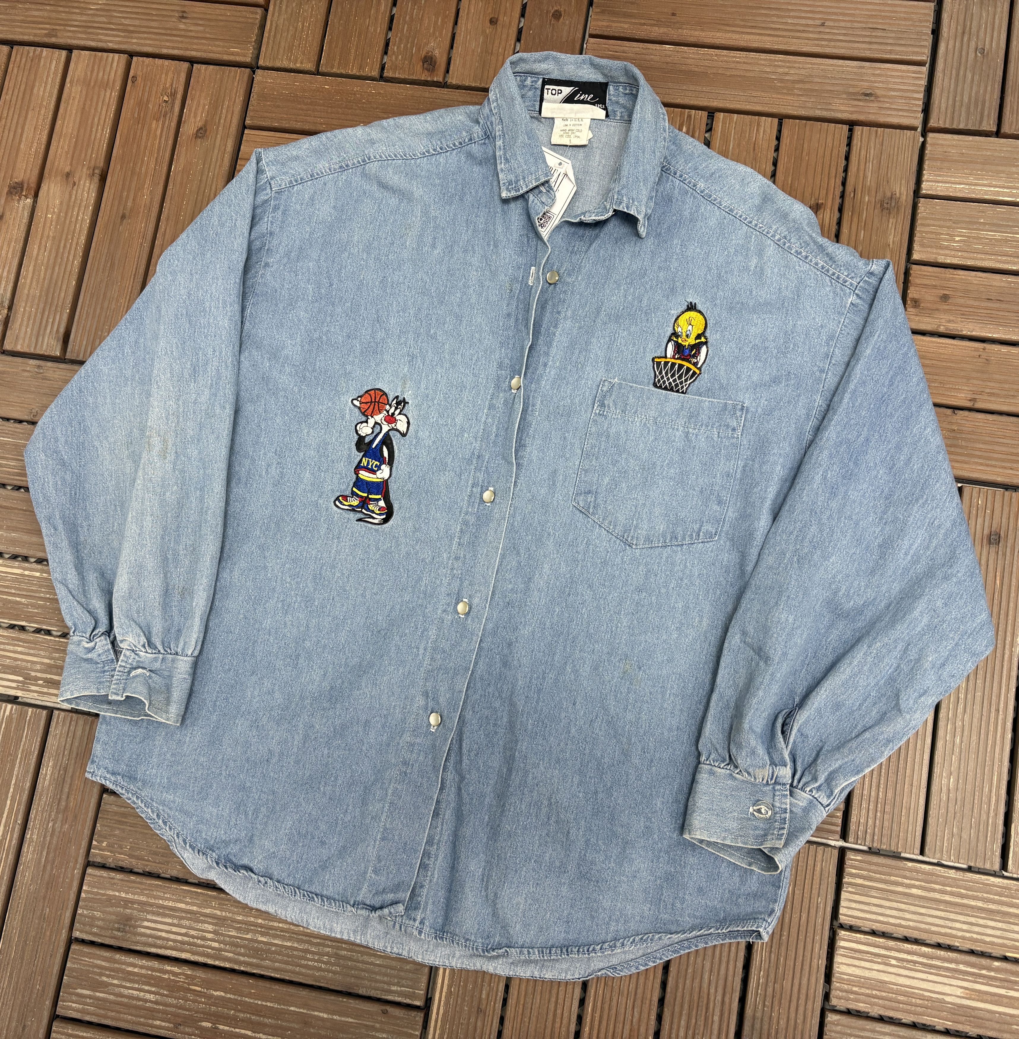 Vintage Tweety Bird & Sylvester Vintage Denim Jean Shirt Size US L / EU 52-54 / 3 - 2 Thumbnail