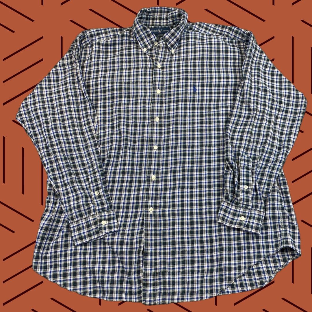 Ralph Lauren VINTAGE Ralph Lauren Mens Shirt XL Long Sleeve Plaid Button-Down Blue Green White Casual Dress Size 46R - 1 Thumbnail
