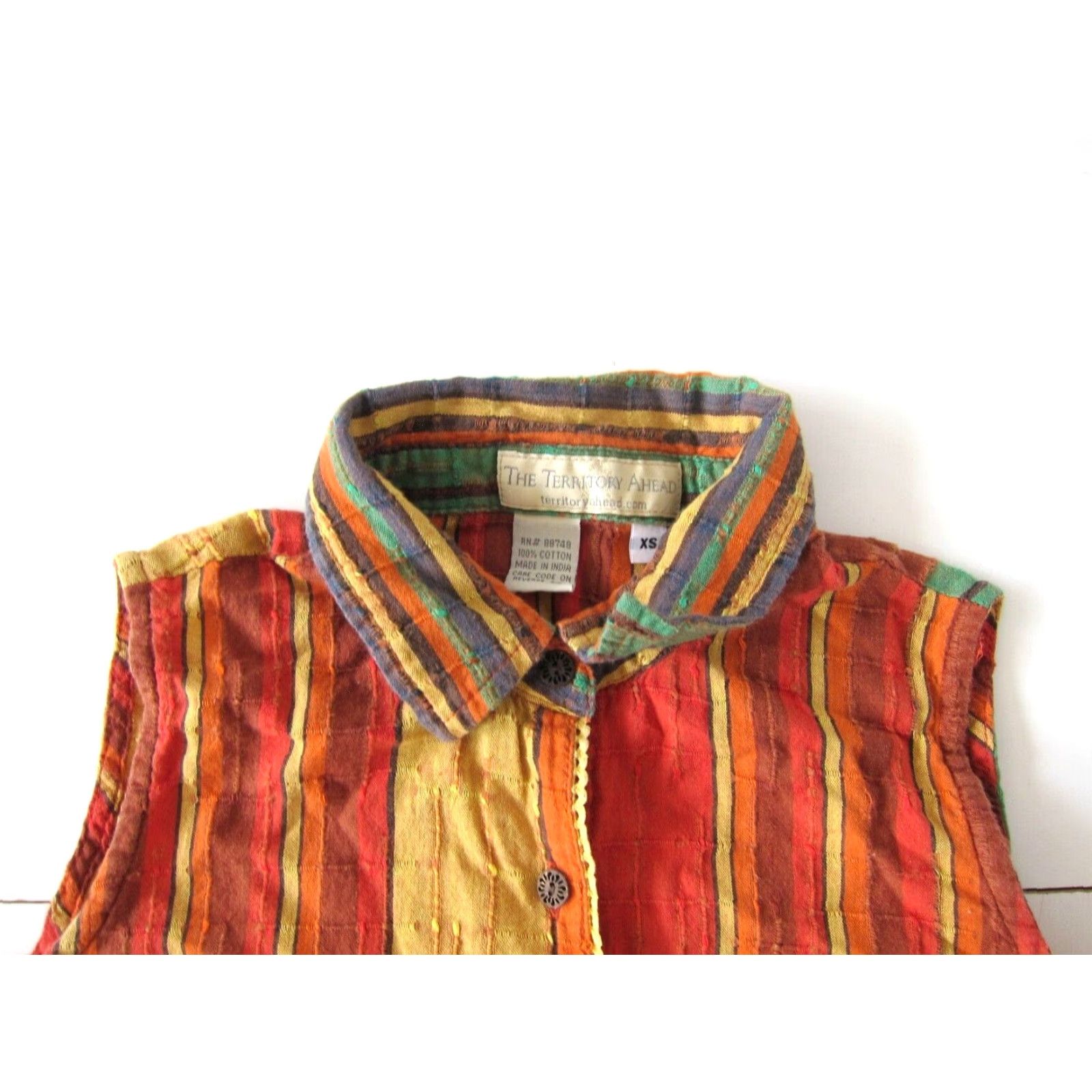 The Territory Ahead VINTAGE Territory Ahead Blouse Shirt XS Sleeveless Stripe 100% Cotton Orange Green Yellow Womens Size XS / US 0-2 / IT 36-38 - 3 Thumbnail