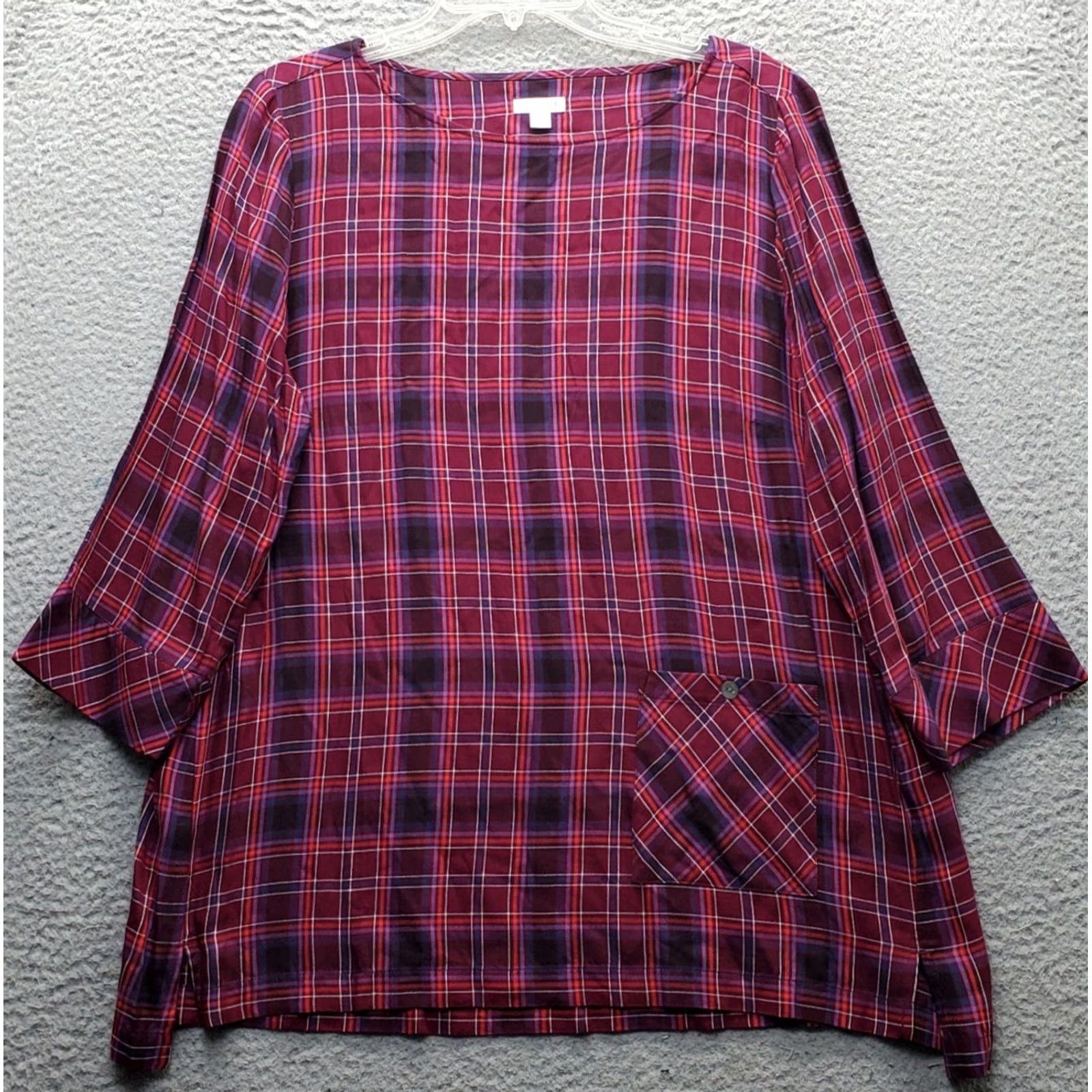 J. Jill J. Jill Women's Tunic Blouse - Plaid Boat Neck Long Sleeve Multi Color, Size L, Regular Fit Size L / US 10 / IT 46 - 2 Thumbnail