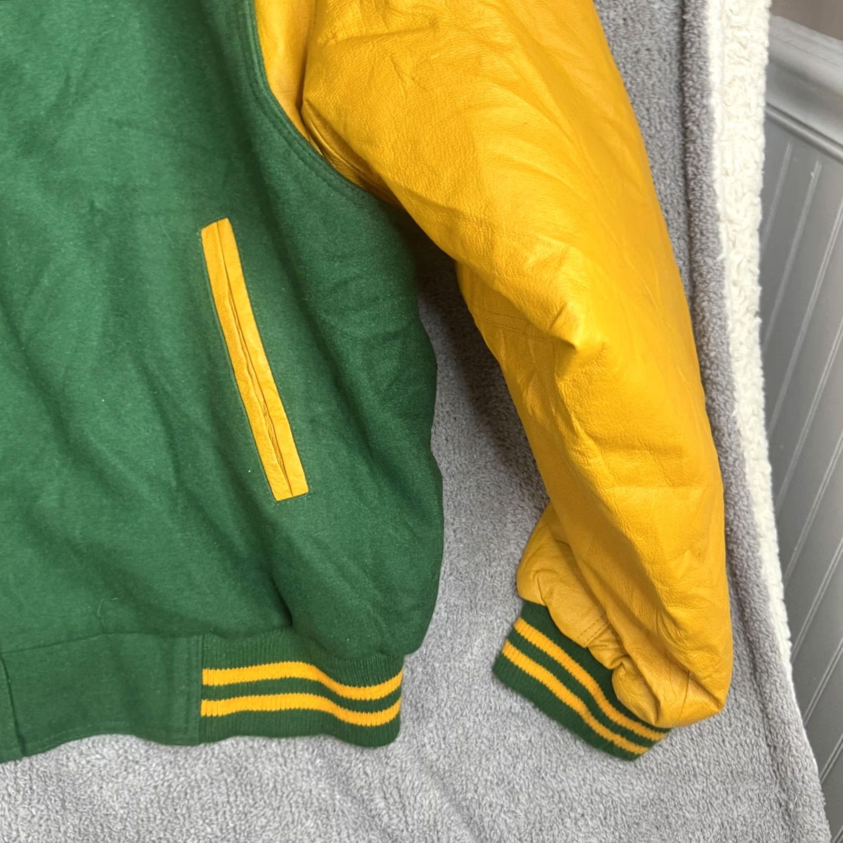 Vintage J.R. Stone Jacket Mens 2XL Green Yellow Wool Varsity Snap Lined Sports College Jacket Size US XXL / EU 58 / 5 - 3 Thumbnail