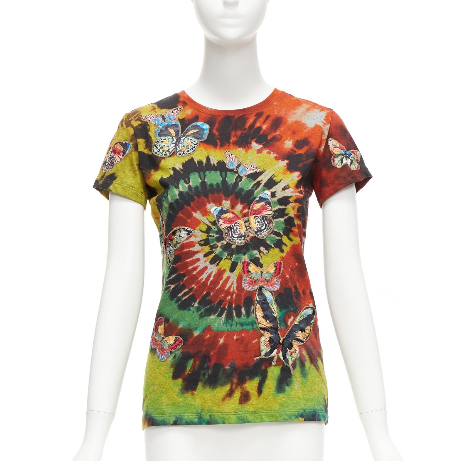 image of Valentino 2017 Rainbow Tie Dye Butterfly Embroidery Tshirt Xs, Women's (Size Small)