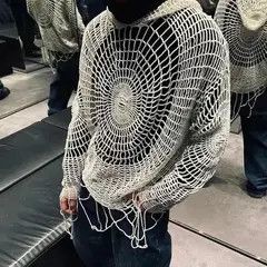 Designer Y2K Spider Web with Holes Hooded Pullover Knitted Sweater Size US XL / EU 56 / 4 - 4 Thumbnail