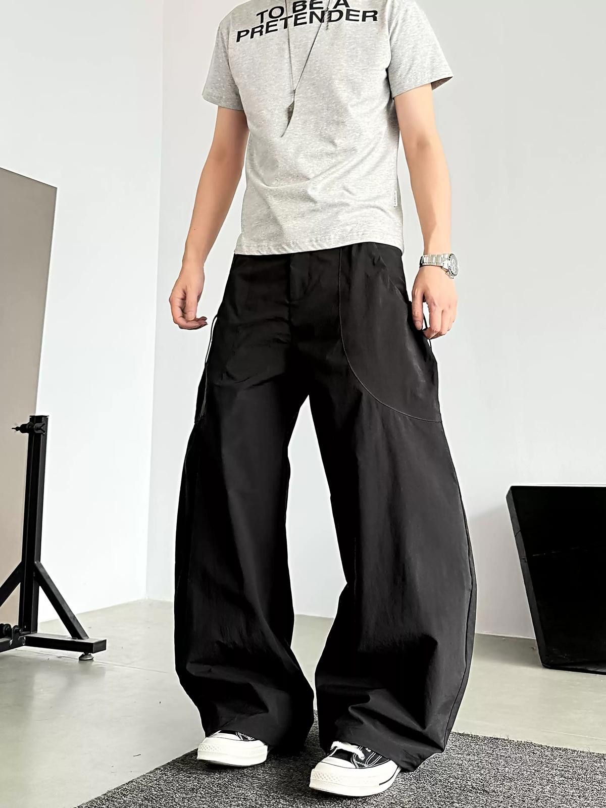 Other Black Wide Leg Barrel Pants, Loose Fit Men's Trousers Size US 32 / EU 48 - 2 Thumbnail