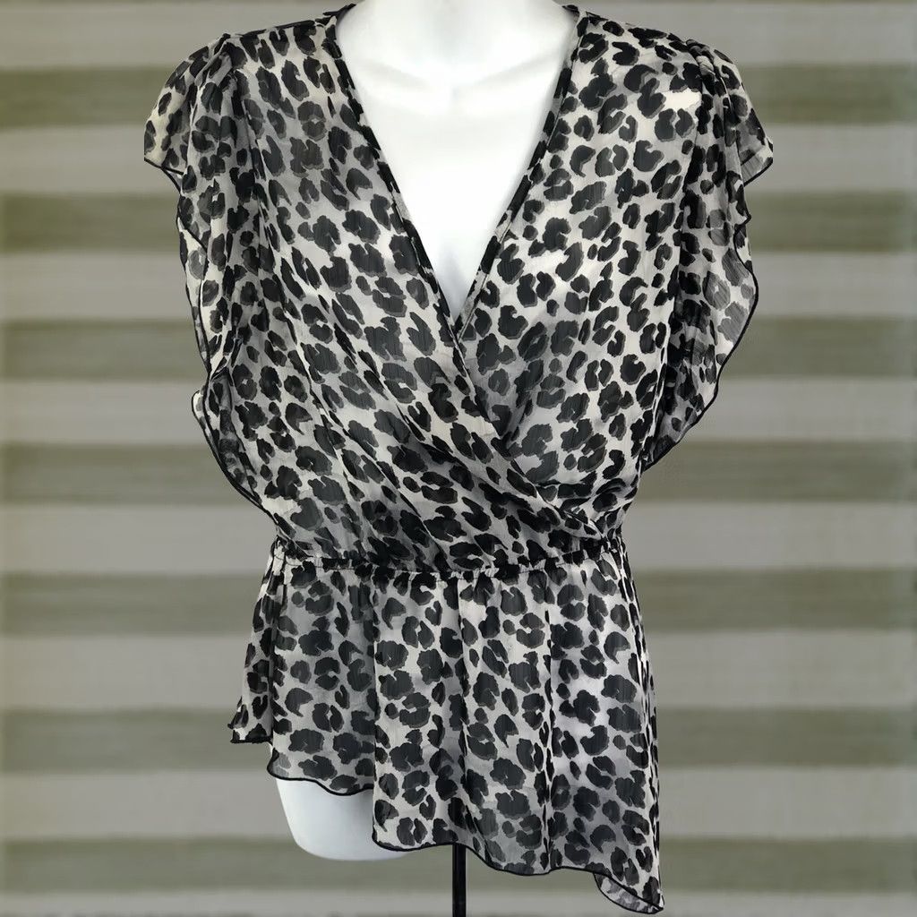 Vintage VINTAGE Later Sheer Blouse L Black and Gray Leopard V-Neck Chiffon Cross Over Asymmetrical Hi Lo 90s Y2K Fairy Glam Women Branded Size L / US 10 / IT 46 - 1 Thumbnail