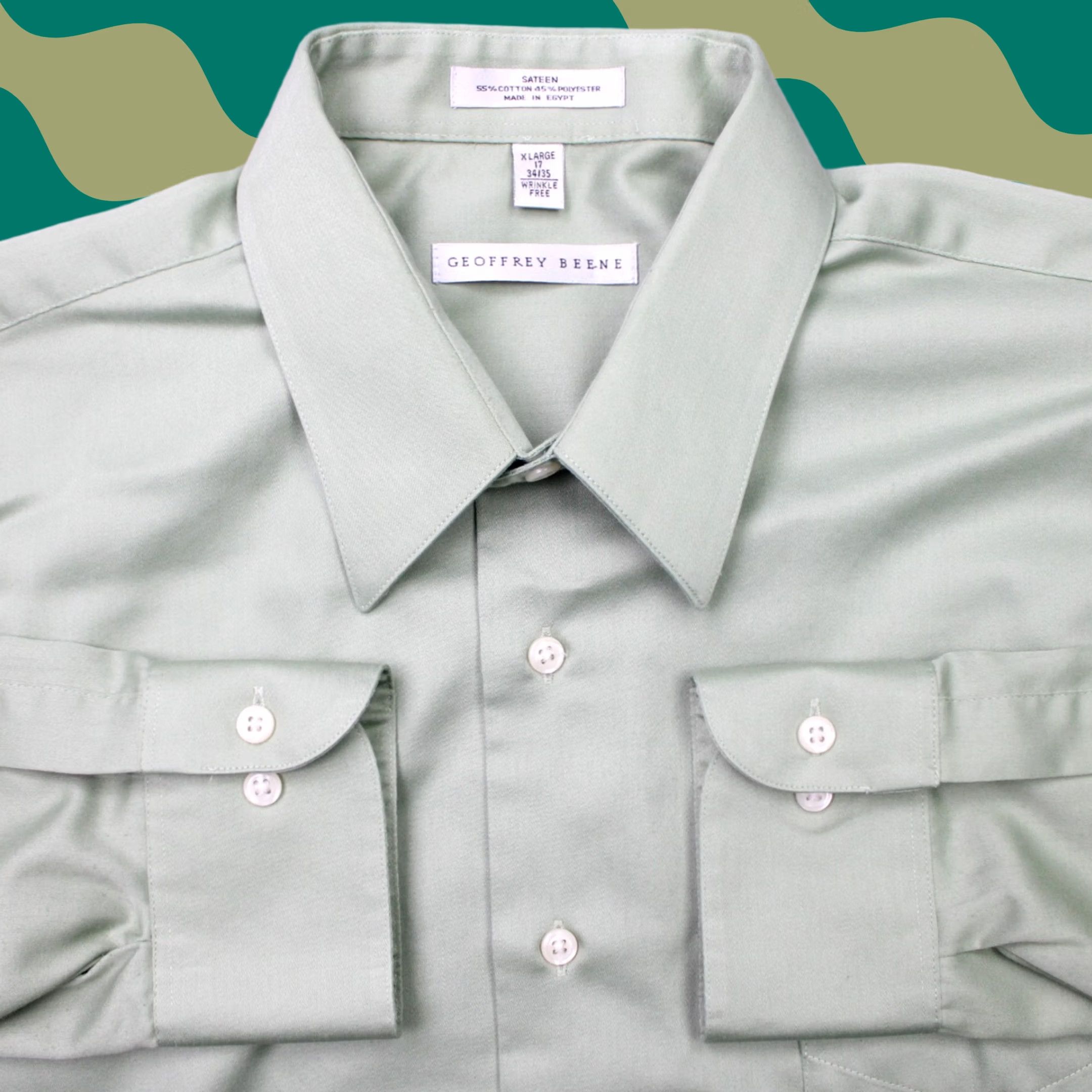 Geoffrey Beene Geoffrey Beene Shirt Mens XL Green 17, 34/35 Green Sateen Wrinkle Free L/S Dress Shirt Button Collar Collared 55% Cotton 45% Polyester Vintage: No Size US XL / EU 56 / 4 - 1 Thumbnail