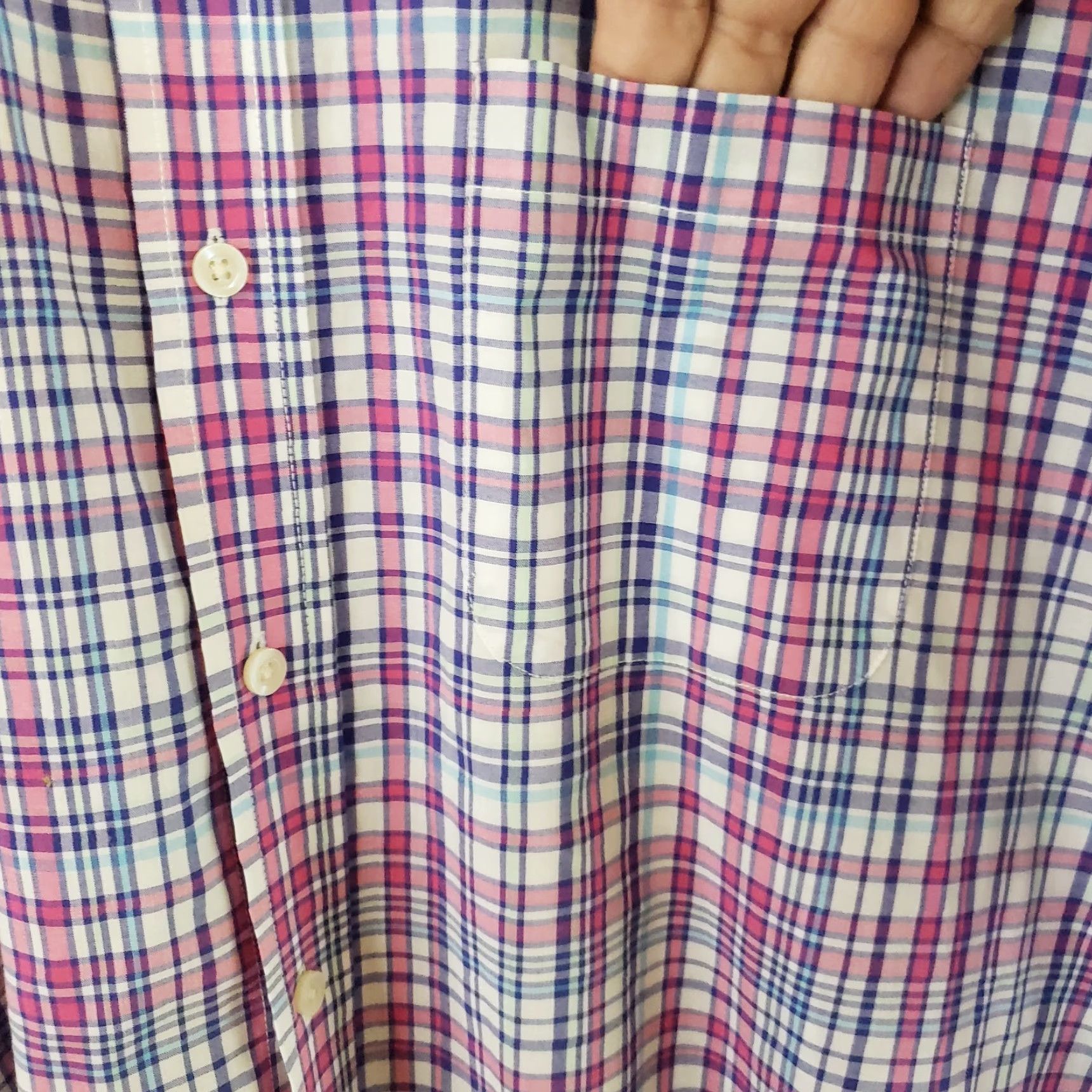 Born Saddlebred Shirt Mens XXL Pink Blue Plaid Regular Short Sleeve Button-Up Wrinkle Free Size US XL / EU 56 / 4 - 4 Thumbnail