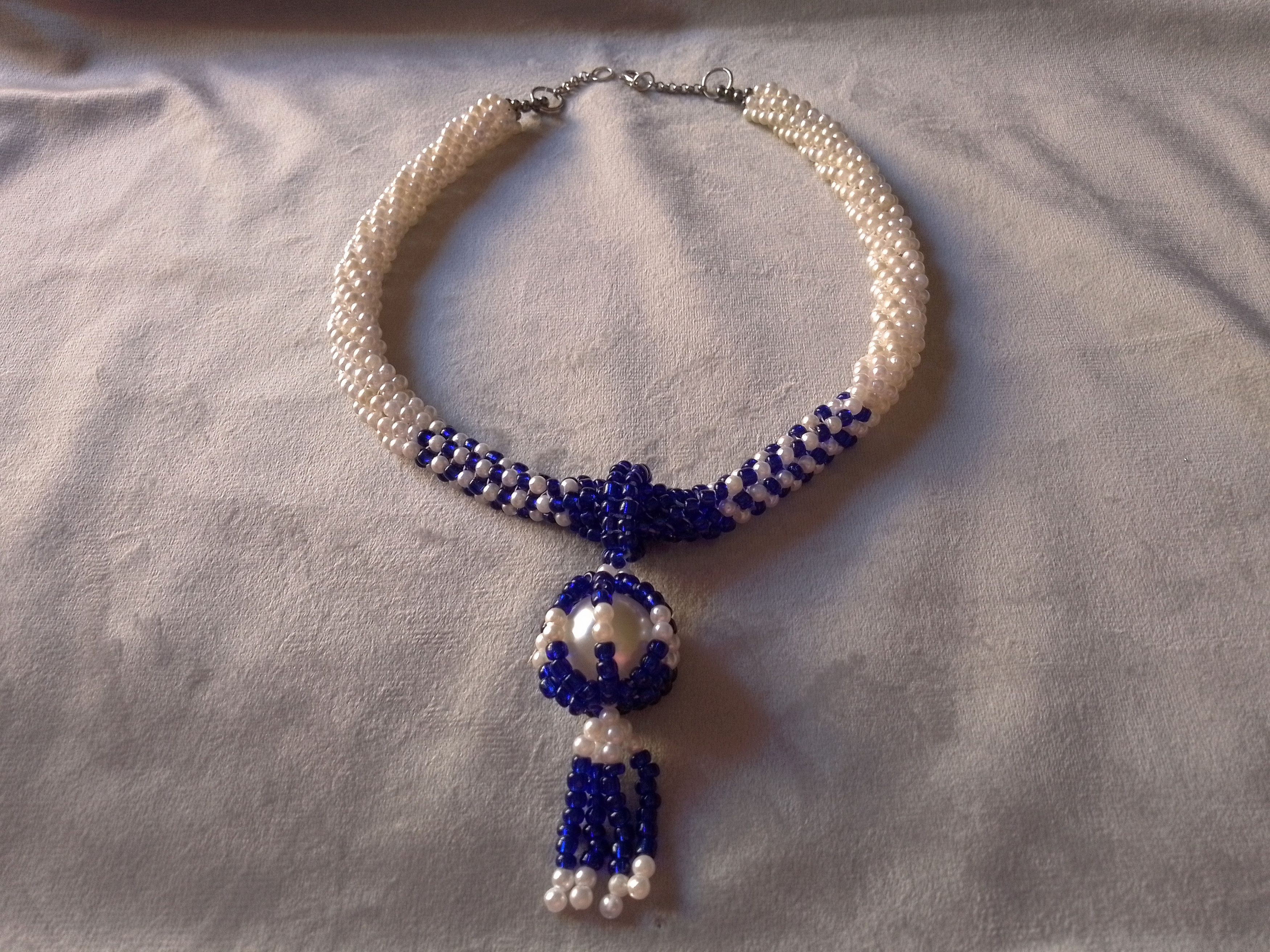 Handmade Necklace Vintage Style Ivory Pearls, Blue Pendant Bangs Size ONE SIZE - 1 Thumbnail