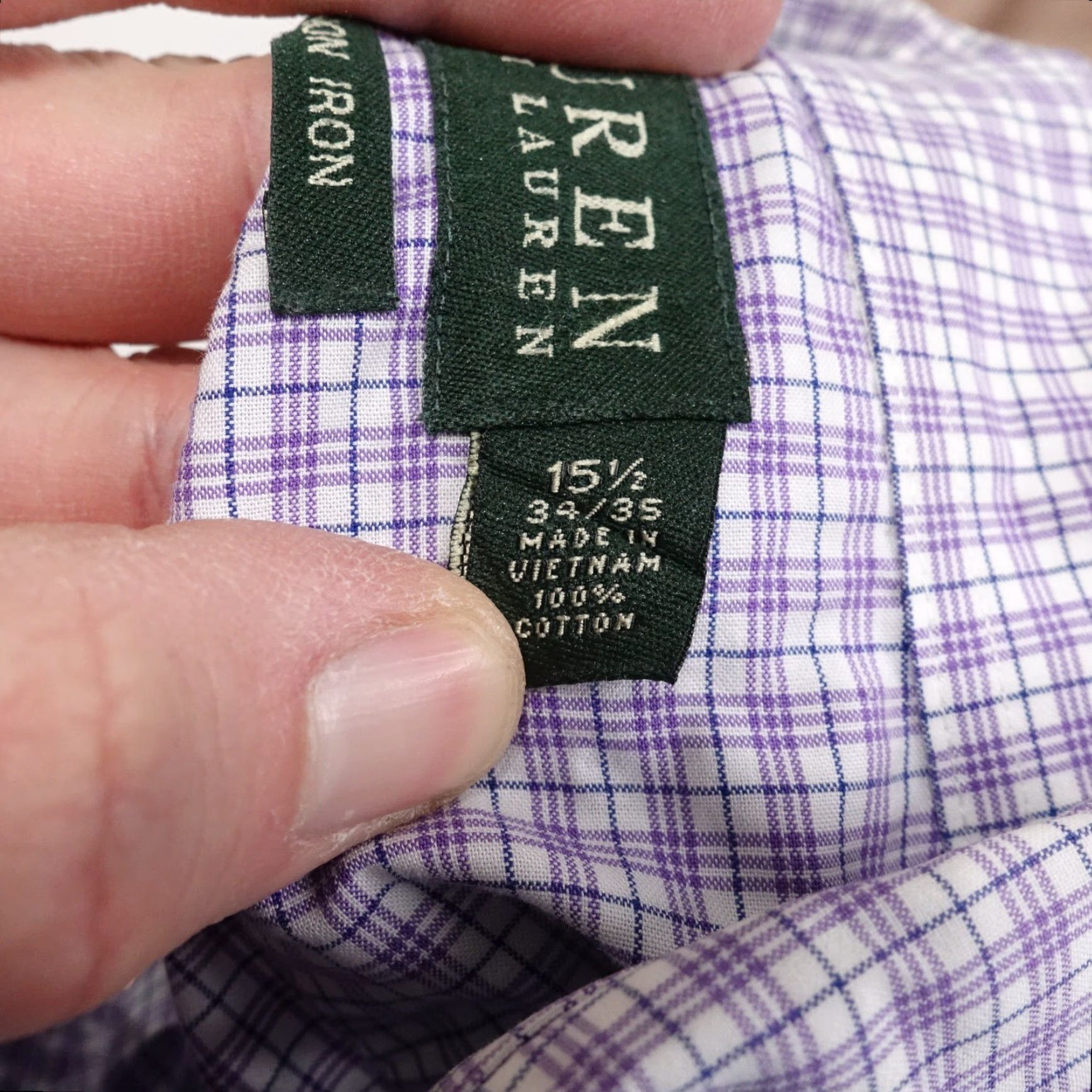 Ralph Lauren VINTAGE LAUREN RALPH LAUREN LRL DRESS SHIRT Mens 15.5 34/35 Purple Check Non-Iron Button-Front Regular Cuff Barrel 23.5" Pit To Pit Size 40R - 7 Thumbnail