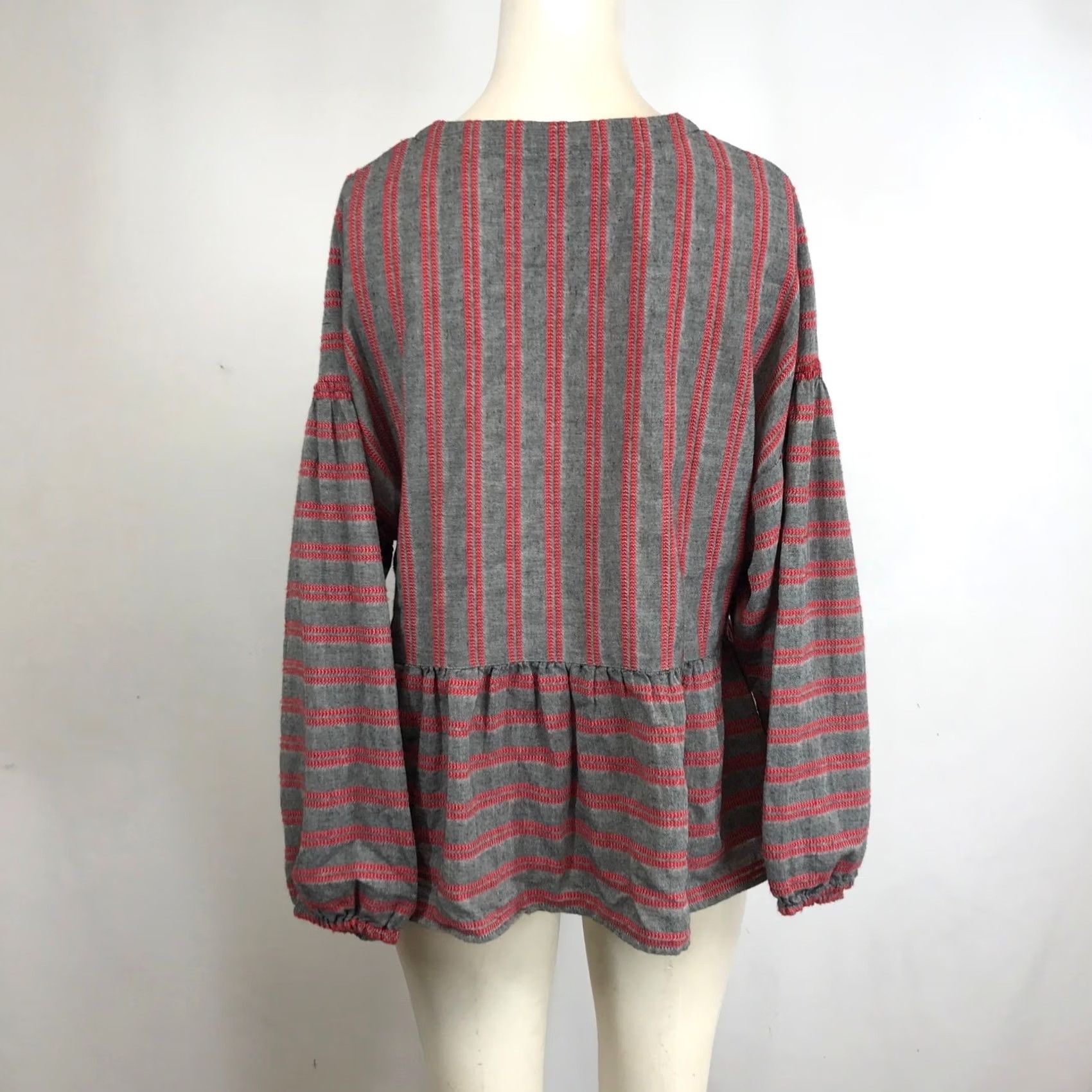 Madewell Madewell Striped V Neck Peplum Top Red Grey XL Cotton Blend Boho Casual Blouse Size XL / US 12-14 / IT 48-50 - 5 Thumbnail