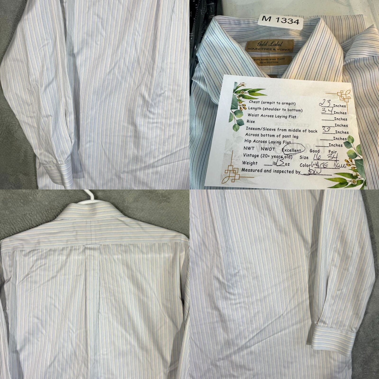 Roundtree & Yorke Gold Label Dress Shirt Mens 16/34 White Blue Striped 100% Cotton Formal Shirt Size 42R - 8 Thumbnail