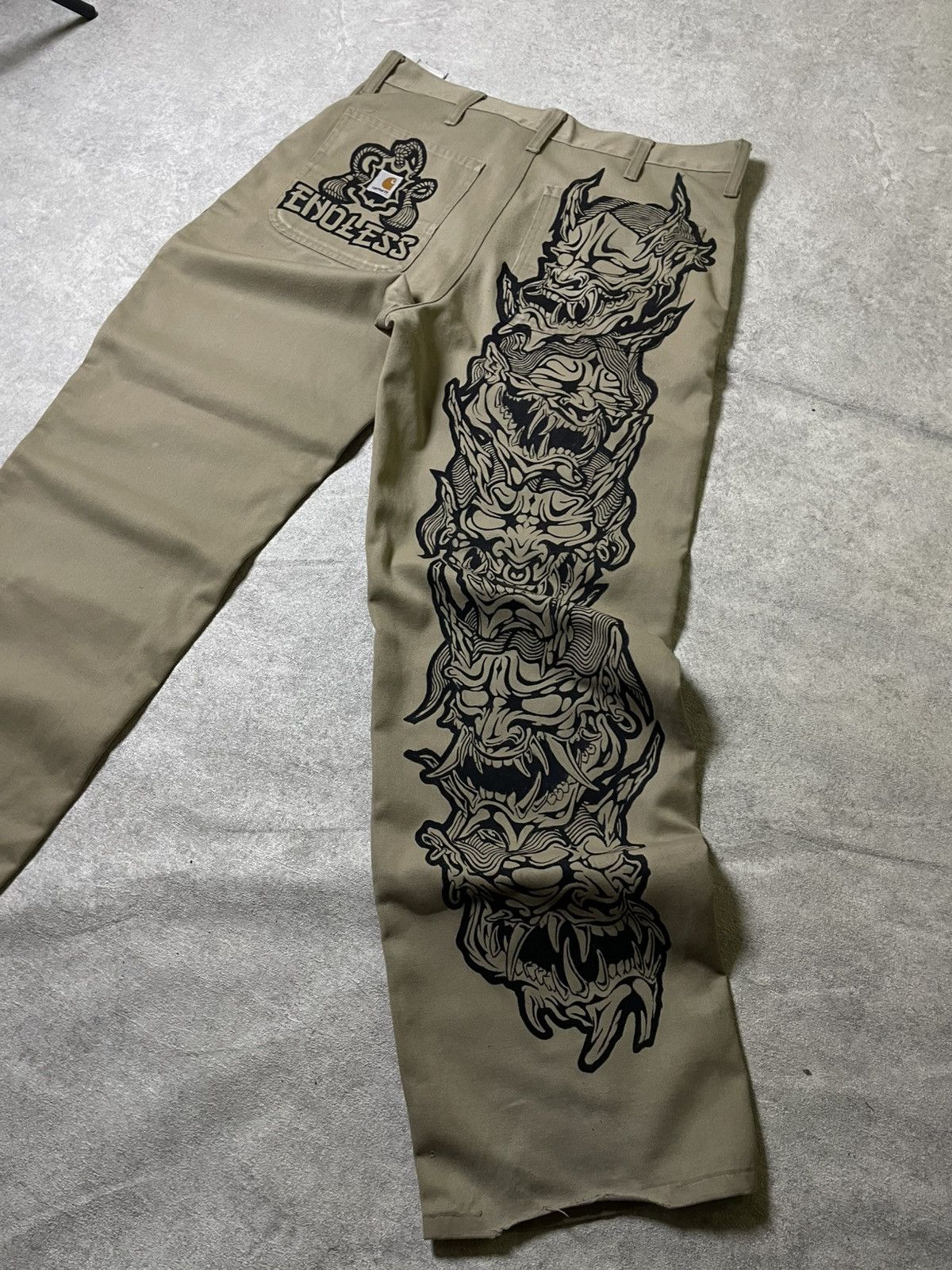 Carhartt 👺ONI/Yokai YAKUZA Y2K Carhartt Castom RARE Vinage Skull☠️ Size US 31 - 14 Thumbnail