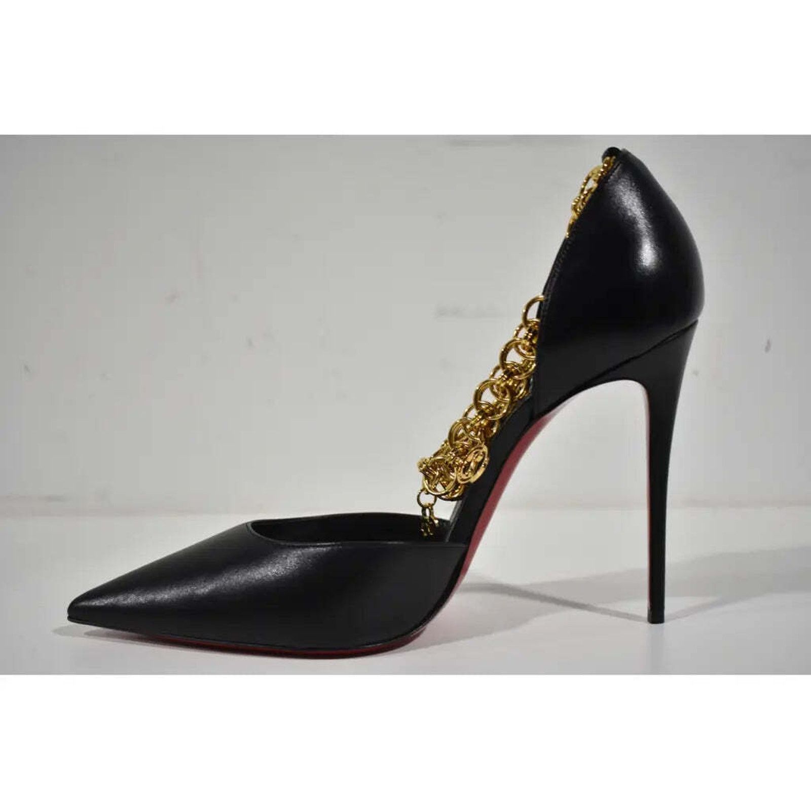 Christian Louboutin Gourmi Pump 100 Black Gold Charm Ankle Strap Pointed Heel 42 Size US 12 / IT 42 - 6 Thumbnail