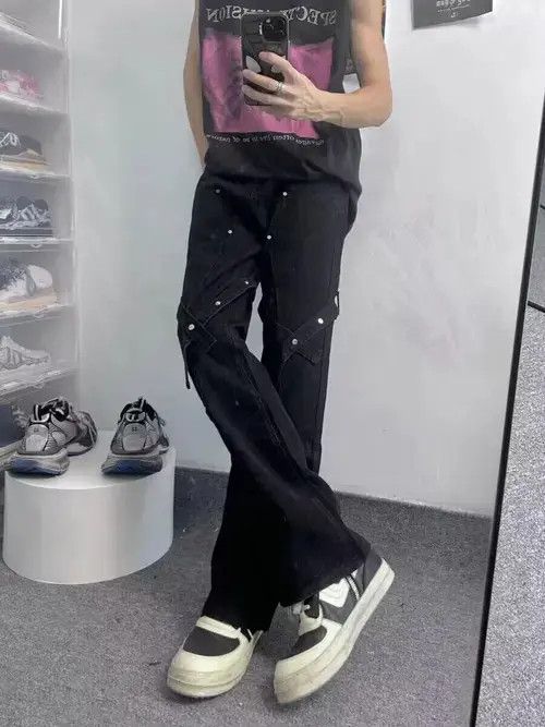Jean Black lace-up studded micro-flared casual overalls Size US 32 / EU 48 - 2 Thumbnail