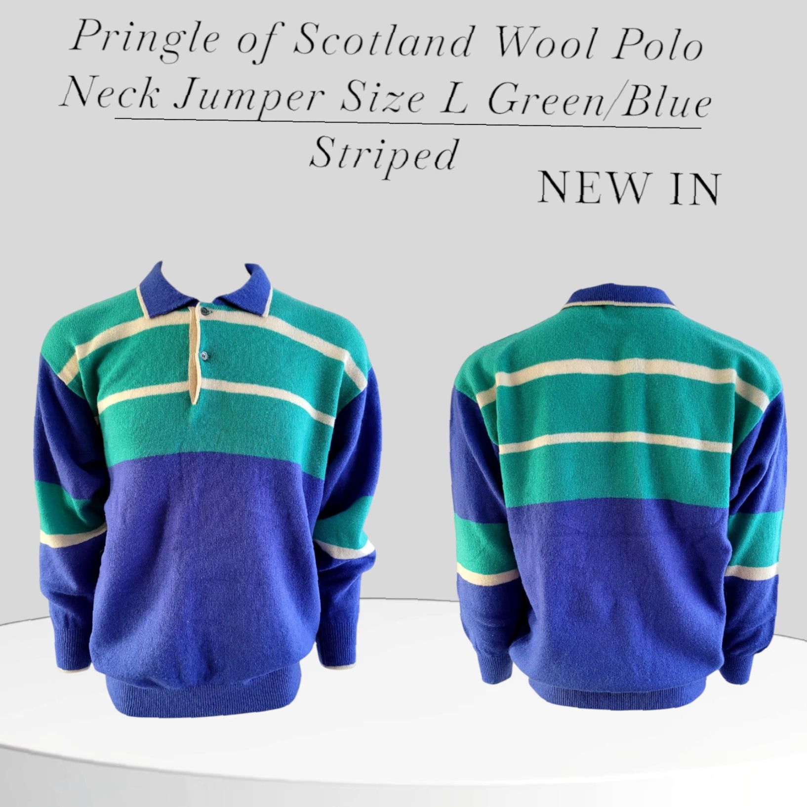 Pringle Of Scotland VINTAGE Pringle of Scotland Wool Polo Neck Jumper L Green/Blue Striped Size US L / EU 52-54 / 3 - 2 Thumbnail
