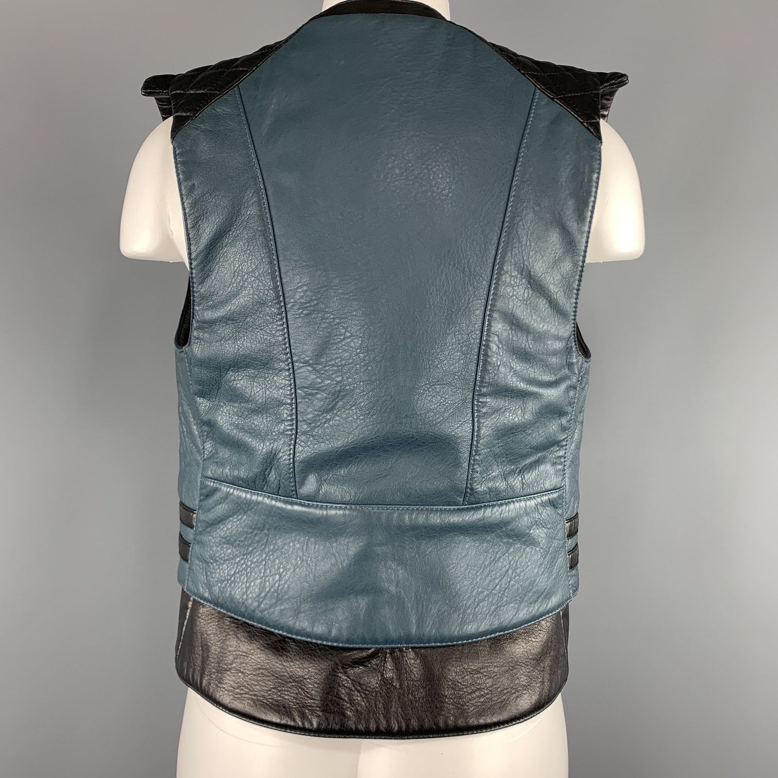 Balenciaga Size 8 Black & Teal Blue Quilted Leather Biker Vest Size US XXS / EU 40 - 7 Thumbnail