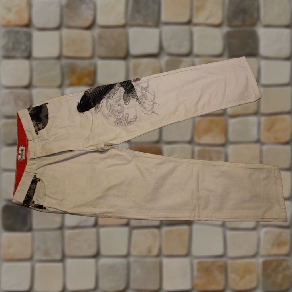 Denime Karakuri Tamashii Men's Denim Jeans Pants Carp Koi Embroidered White Size 32 Straight Jeans, White, 32, Men Size US 32 / EU 48 - 1 Thumbnail