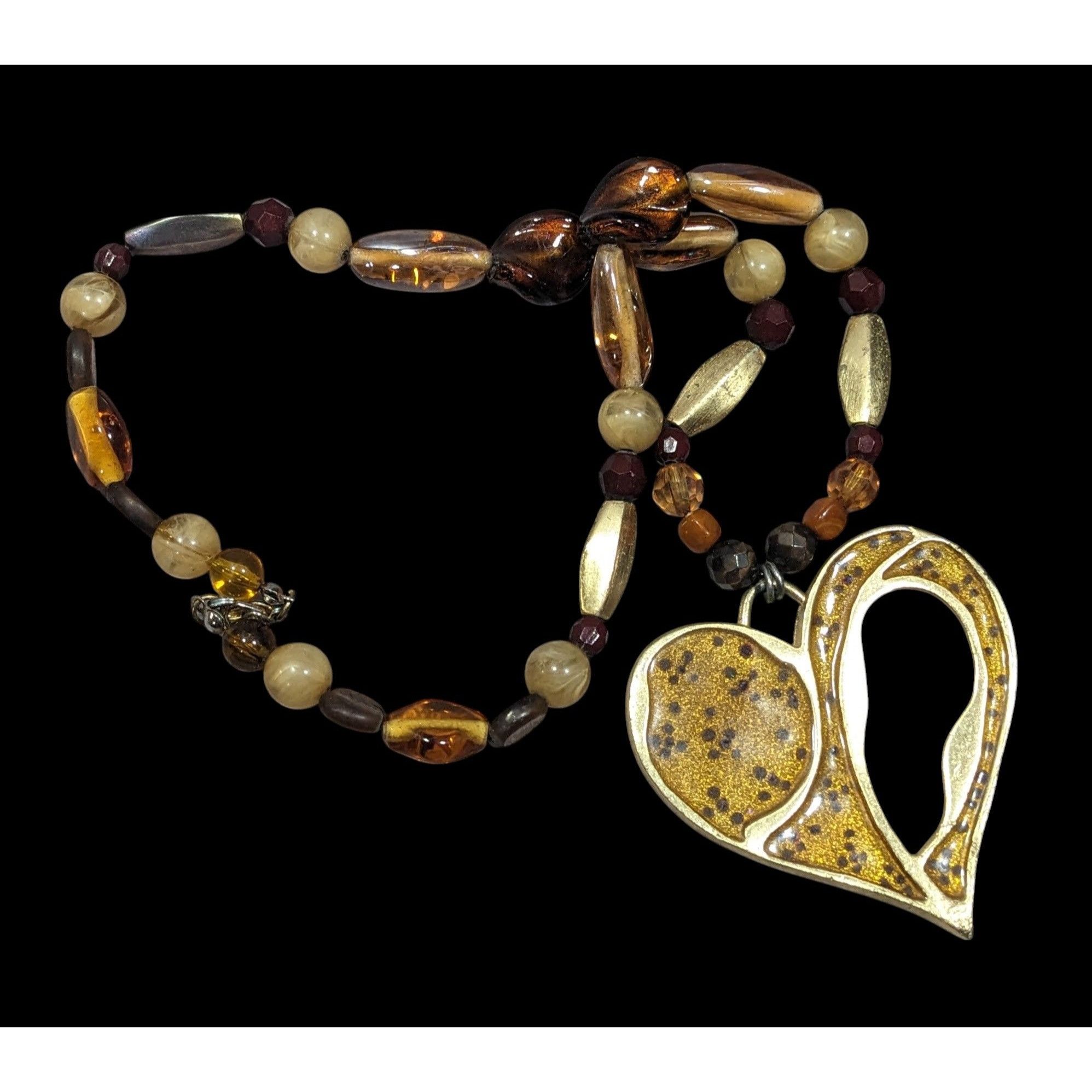 Other Chunky Unique Heart Pendant Necklace Brown And Gold Tone Wit Size ONE SIZE - 1 Thumbnail