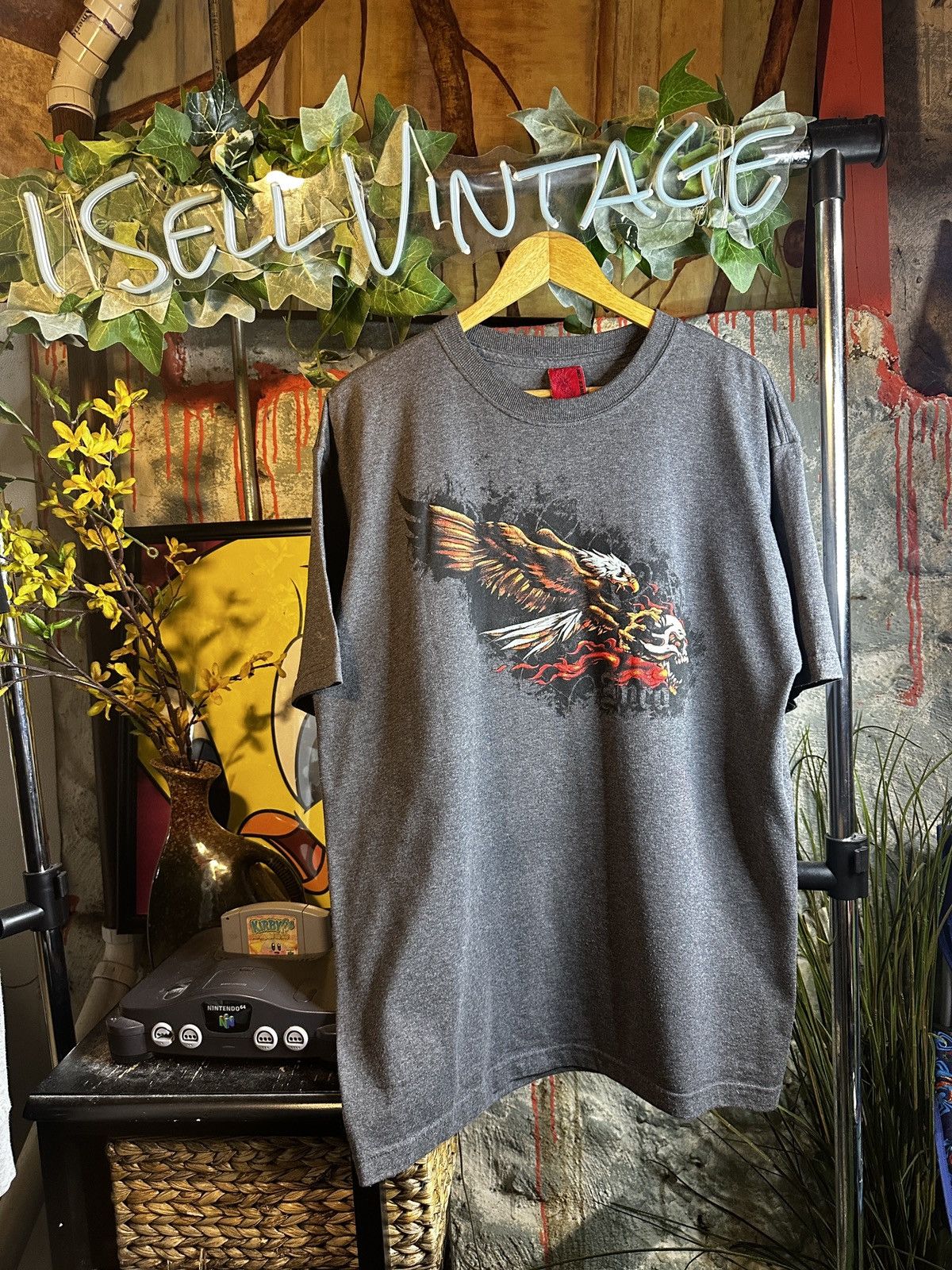 image of Very Vintage Y2K Jnco Jeans Eagle Flame Skull Tshirt in Grey, Men's (Size XL)