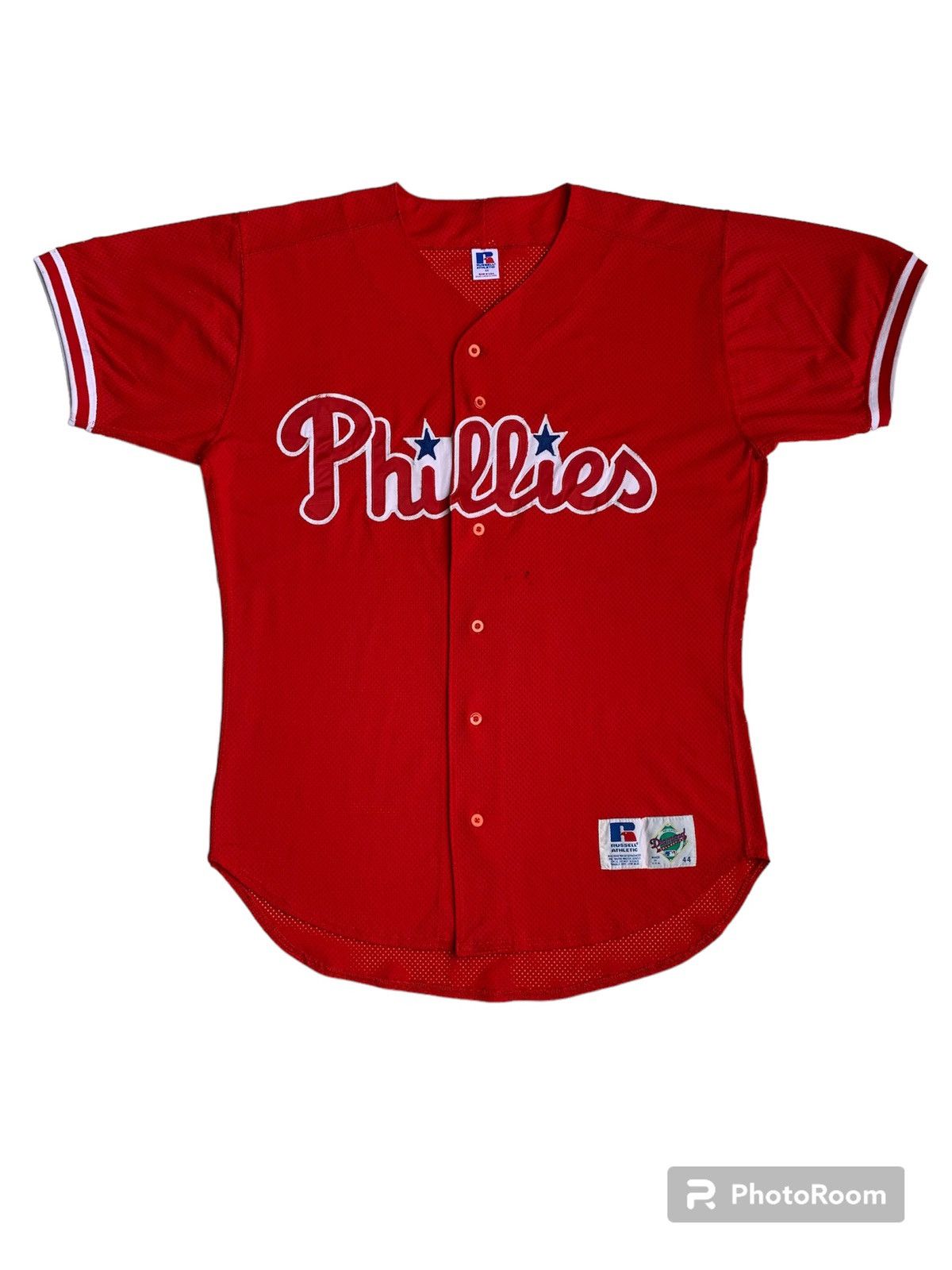 Image of Made In USA x Mlb Vintage 80's Russell Athletic Mlb Phillies Jersey Team in Red, Men's (Size XL)