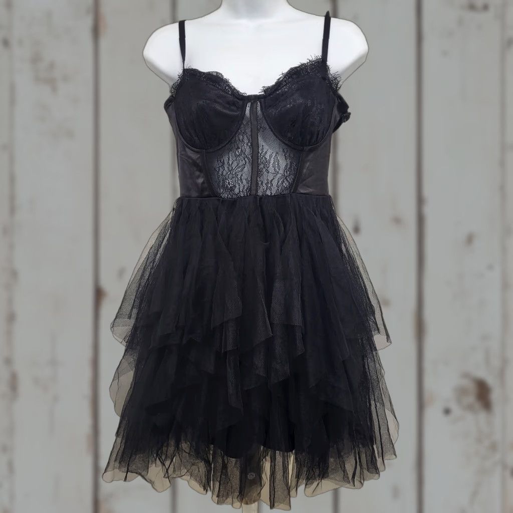 Vintage Thirty Thirty Dress Womens Sz Medium Black Bustier Corset Lace Spaghetti Strap Maxi Sleeveless Size M / US 6-8 / IT 42-44 - 1 Thumbnail