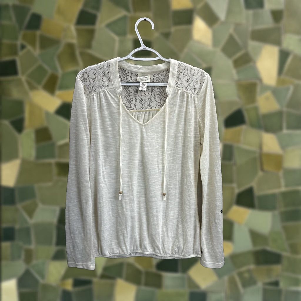 Vintage Bella Dee Jour Blouse Womens Large Ivory Long Sleeve Lace Back V-Neck Shirt Casual Workwear Size L / US 10 / IT 46 - 1 Thumbnail