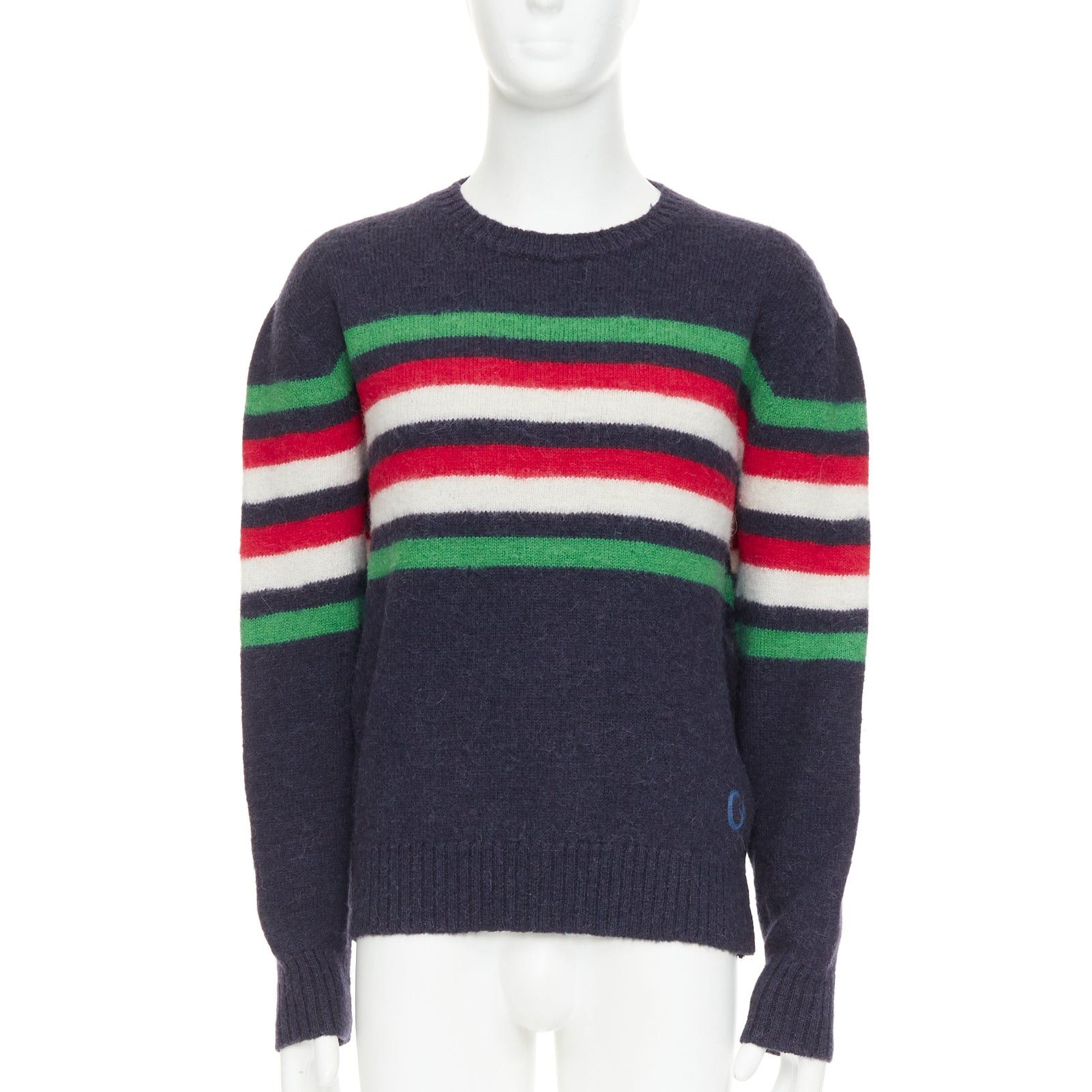 GUCCI navy green red striped embroidered logo crew sweater