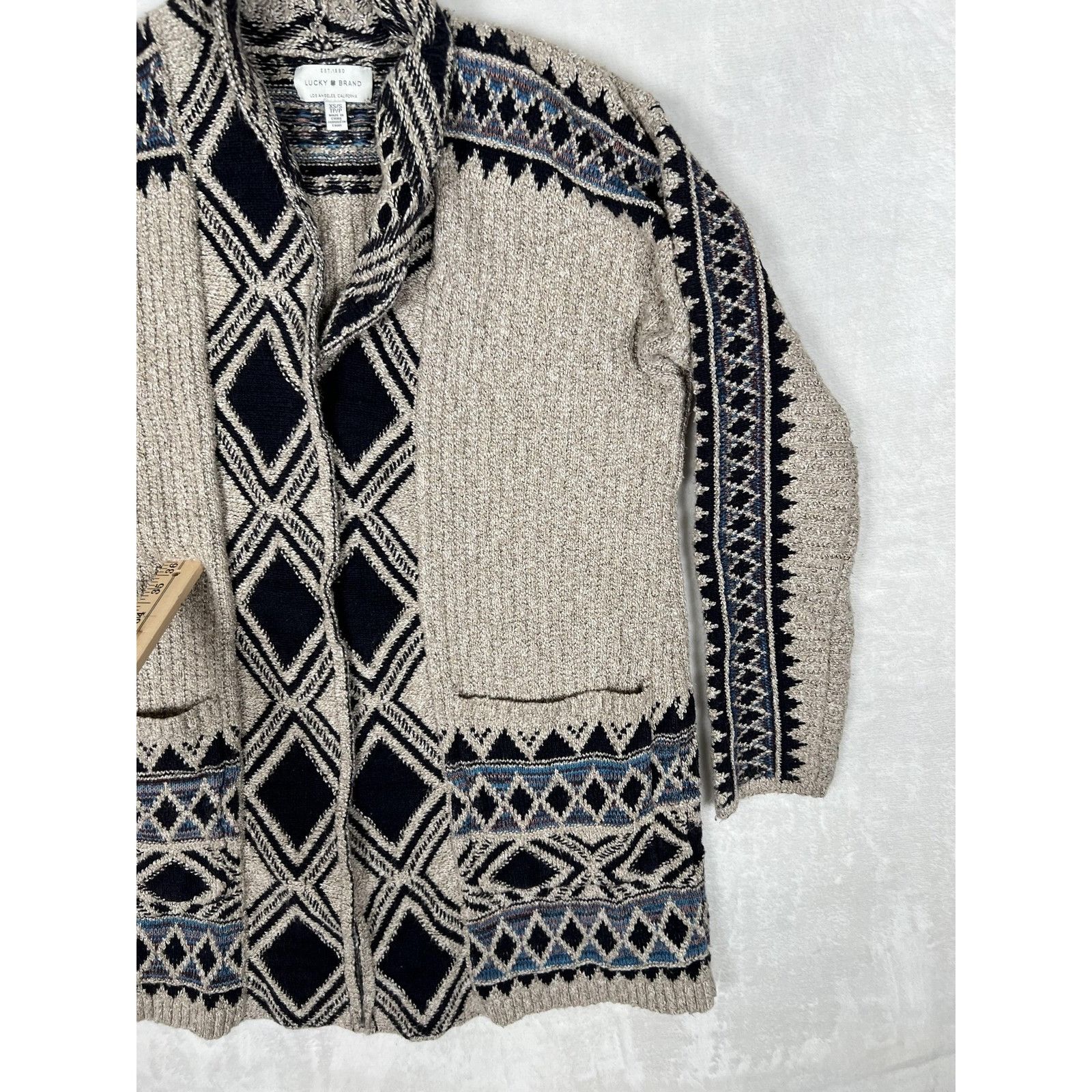 Lucky Brand Lucky Brand Sweater Womens XS/S Beige Blue Open Front Cardig Size XS / US 0-2 / IT 36-38 - 3 Thumbnail