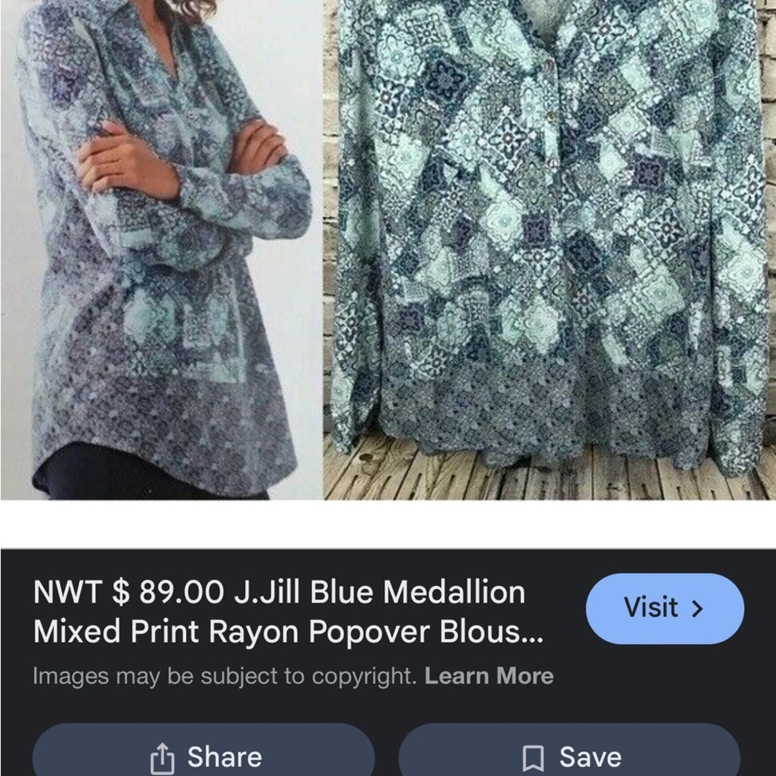 Other J. Jill Teal | White Patterned Blouse Size S / US 4 / IT 40 - 1 Thumbnail