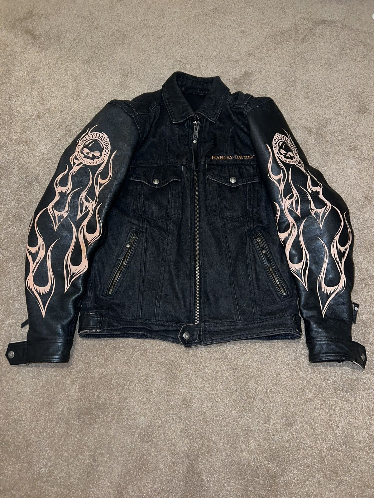 Harley Davidson × Vintage 2009 Harley Davidson FlamedSkull Leather ArmedArmouredJacket Size US M / EU 48-50 / 2 - 1 Thumbnail