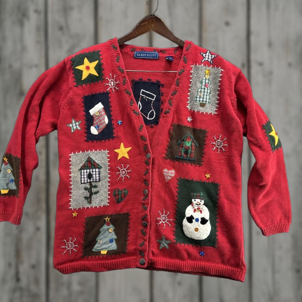 Vintage VINTAGE Christmas Ugly Sweater Cardigan Womens Large Red Size L / US 10 / IT 46 - 1 Thumbnail